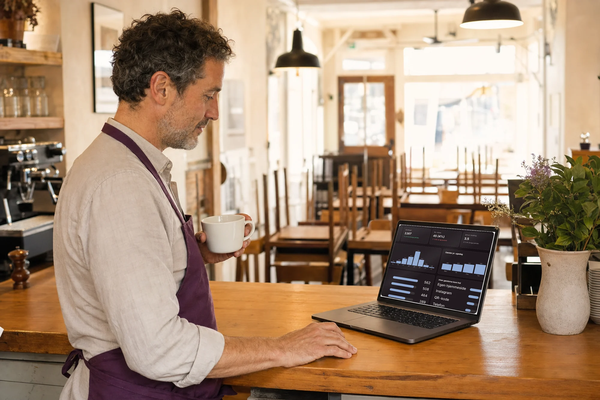 Restaurantejer ved disken i roligt morgenlys gennemgår månedens tal i Goboblo på en laptop – booking til en fast, låst pris, 0 i provision på jeres egne bookinger