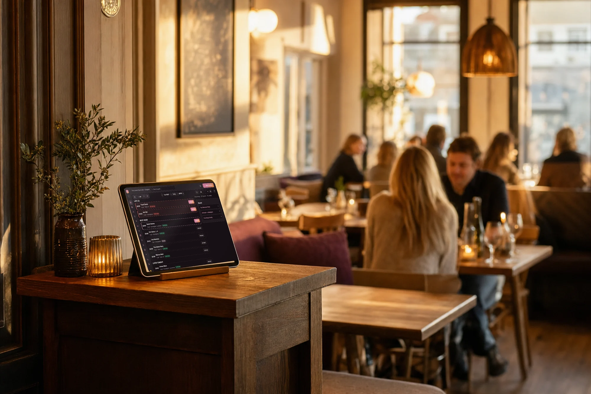 Host at the host station of a bistro during evening service — tonight's bookings list in Goboblo on the tablet as arriving guests are welcomed in