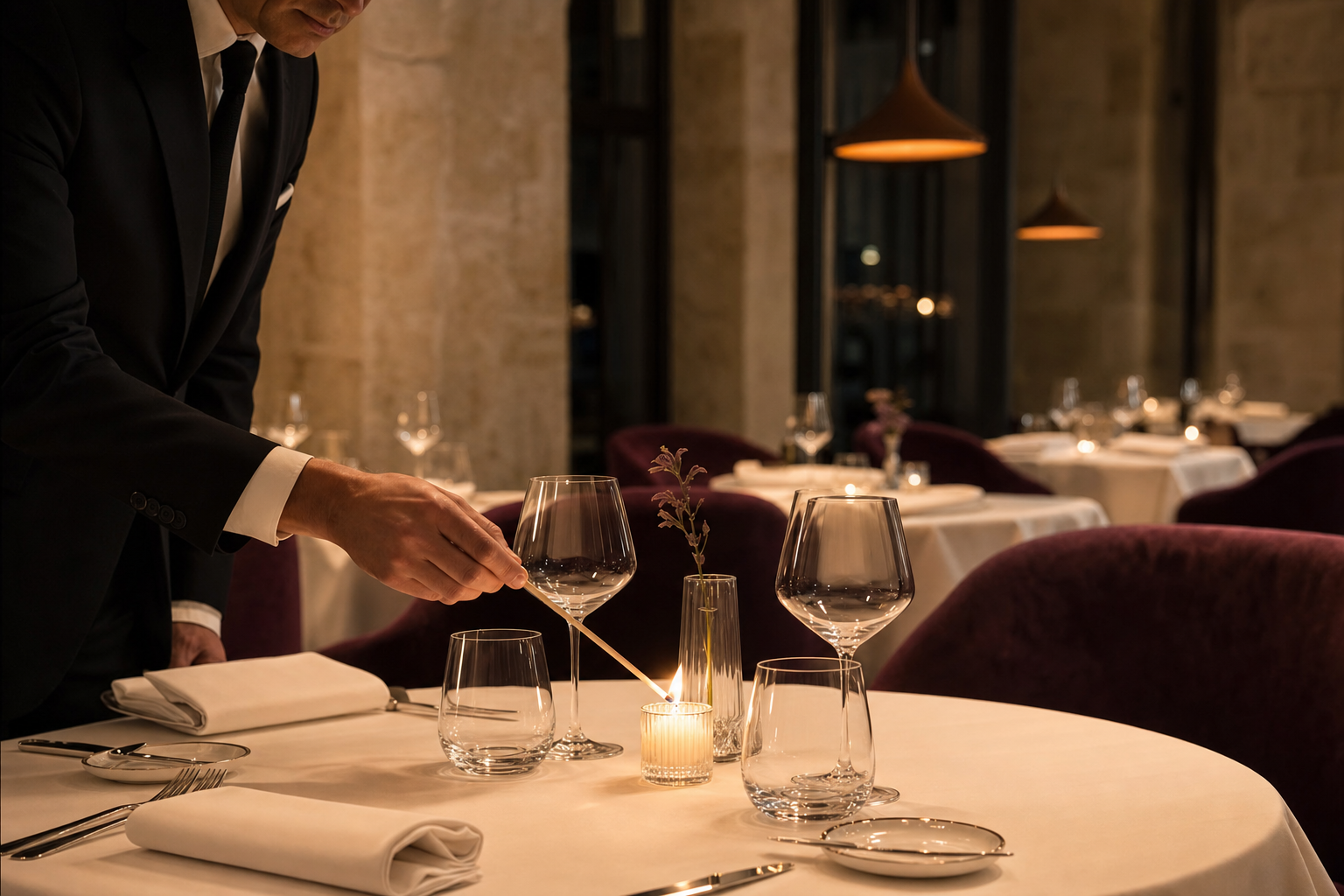 Hovmästare tänder det sista ljuset på ett dukat bord i en fine dining-sal — vit duk, polerade glas och plommonfärgade sammetsstolar innan första sittningen