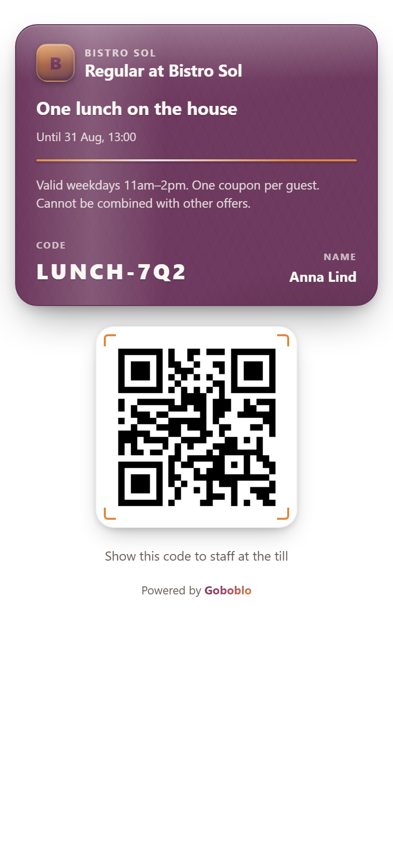 The guest's wallet coupon on the phone: offer, code and QR to show at the till