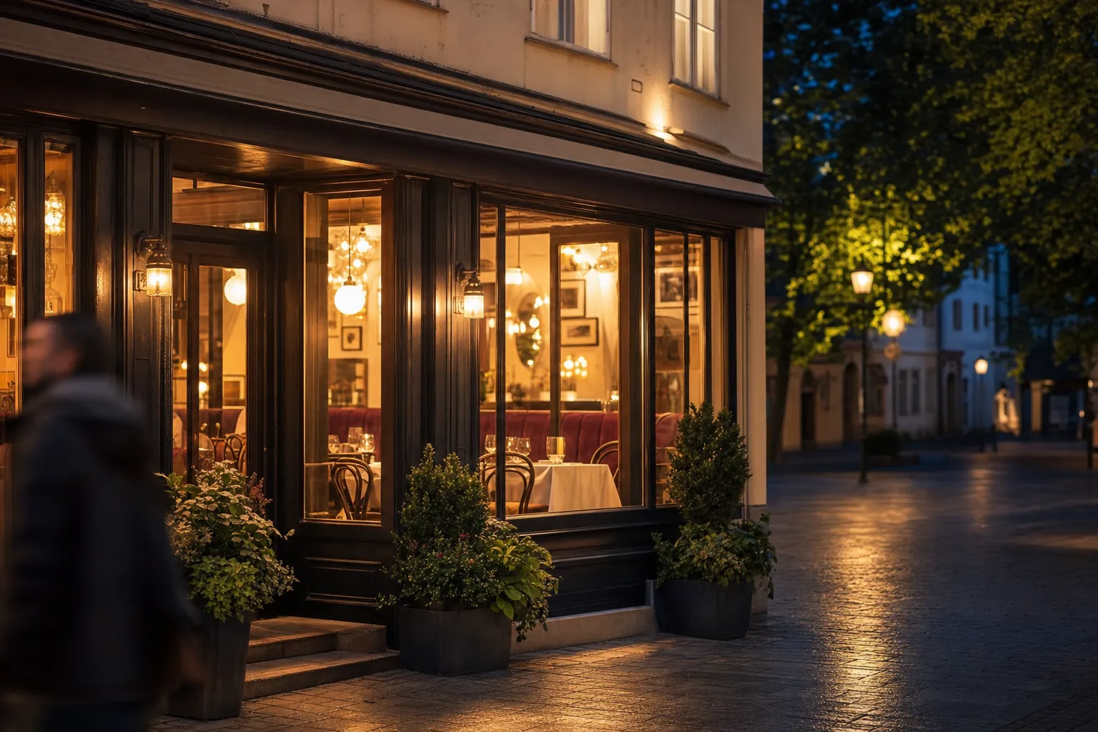 Die beleuchtete Fassade eines städtischen Wirtshauses zur blauen Stunde: warme Fenster, Bistrostühle und gedeckte Tische hinter dem Glas – das Lokal, das der Gast online findet