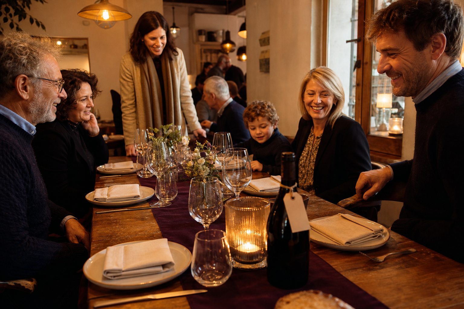 A mixed-age group, adults and a child, settling in at the same sitting in a warm bistro — a tagged bottle of wine on the table as an add-on to take home