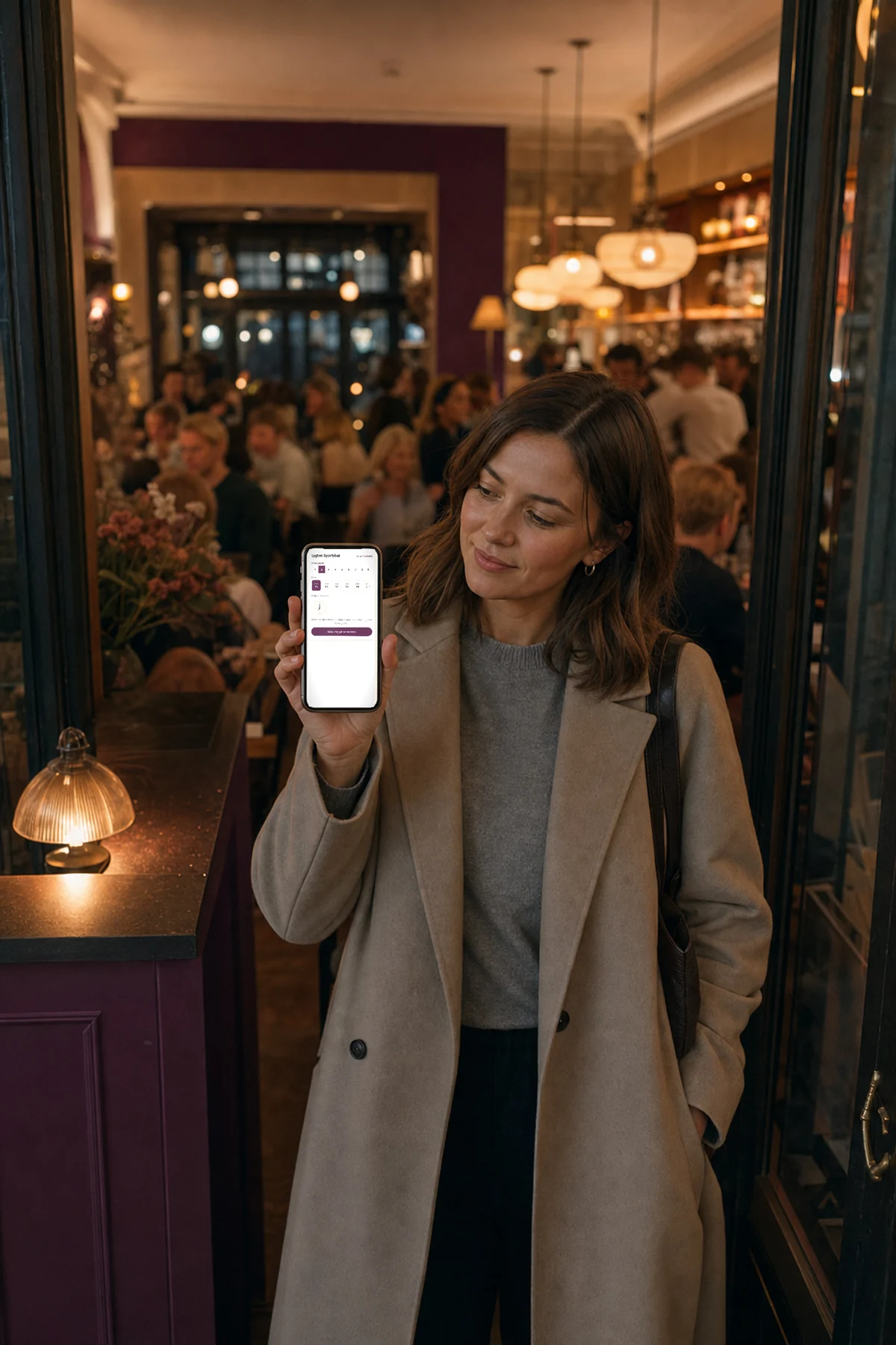Gæst ved indgangen til en fuldt booket restaurant ser widgettens kø-tilstand på telefonen — ingen ledige tider i aften og knappen Skriv mig på ventelisten