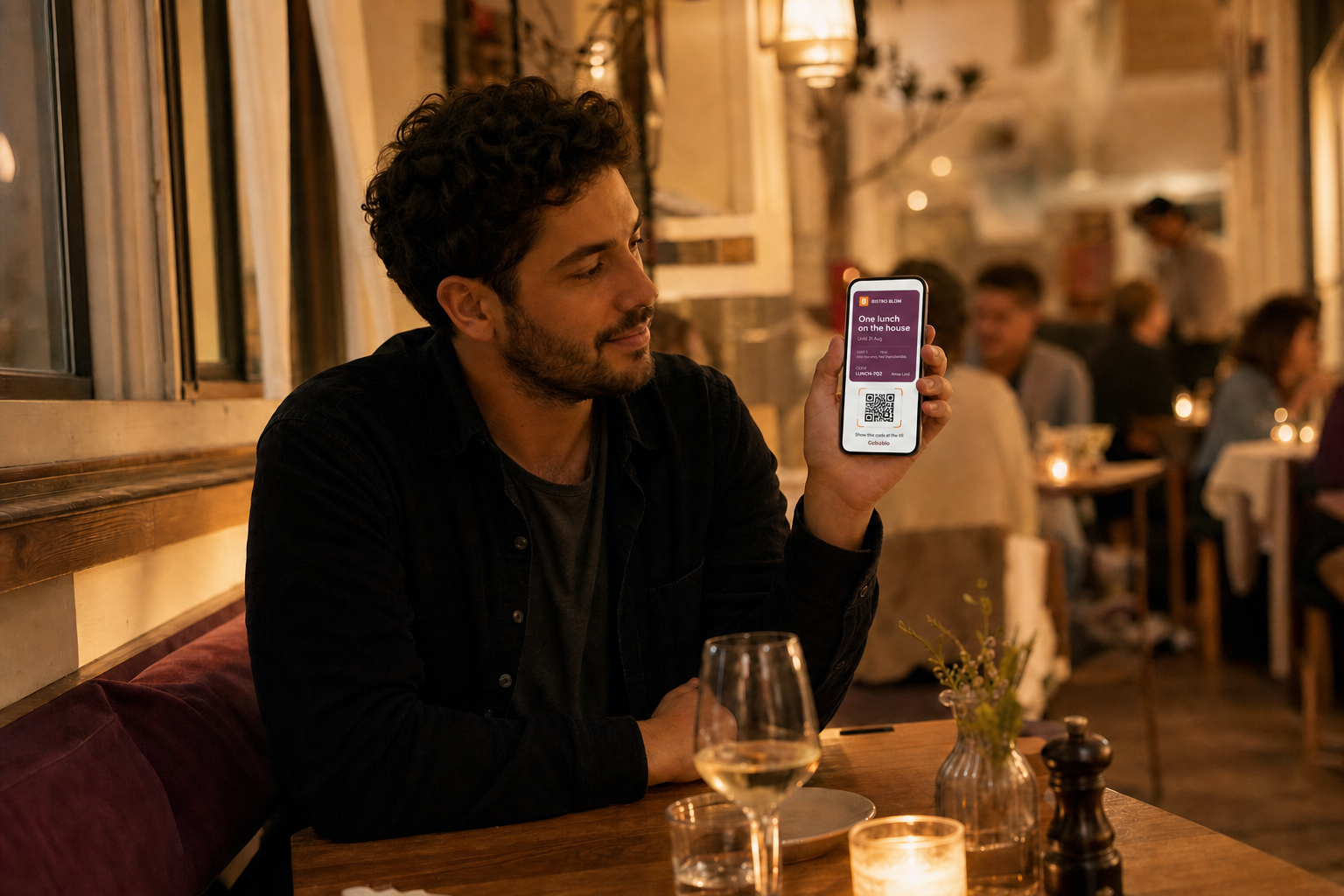 Guest in a warm bistro holding up their phone showing a wallet coupon with a code and QR in the evening light