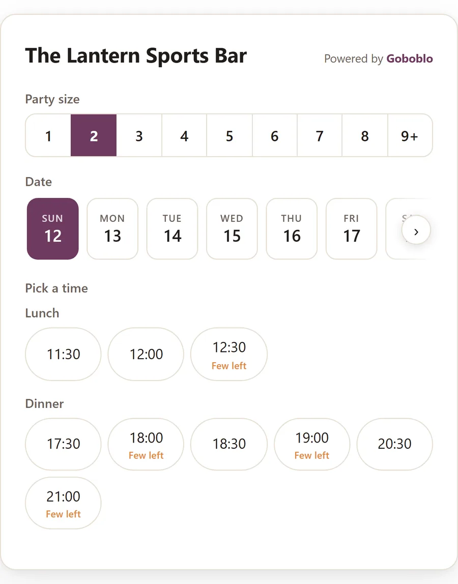 Goboblo's booking widget on the guest's phone: the guest picks party size, date and an open time for lunch or dinner, with “Few seats” marked on times that are filling up.