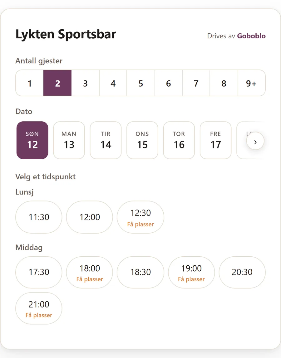 Goboblos bookingwidget i gjestens mobil: gjesten velger antall gjester, dato og en ledig tid til lunsj eller middag, med «Få plasser» merket på tider som fylles opp.