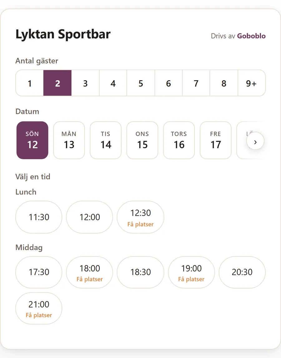 Goboblos bokningswidget i gästens mobil: gästen väljer antal gäster, datum och en ledig tid till lunch eller middag, med ”Få platser” utmärkt på tider som börjar fyllas.