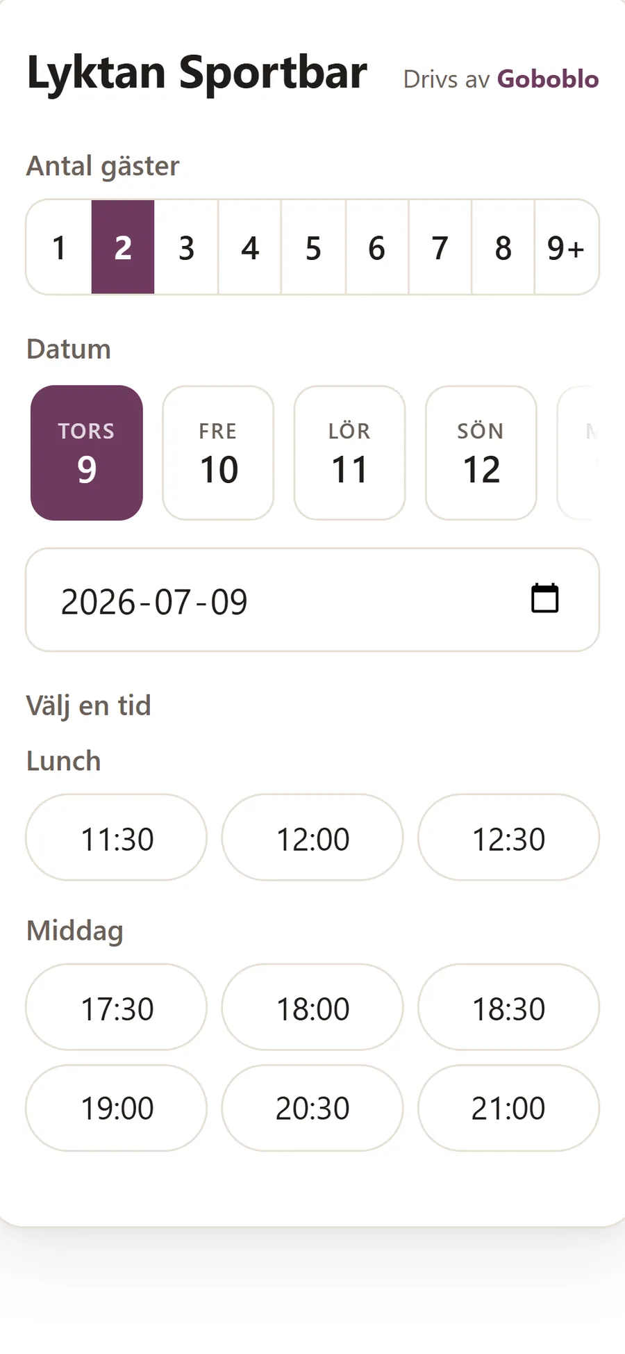 Bokningswidgeten på Lyktans sajt: antal gäster, datum och lediga tider för lunch och middag