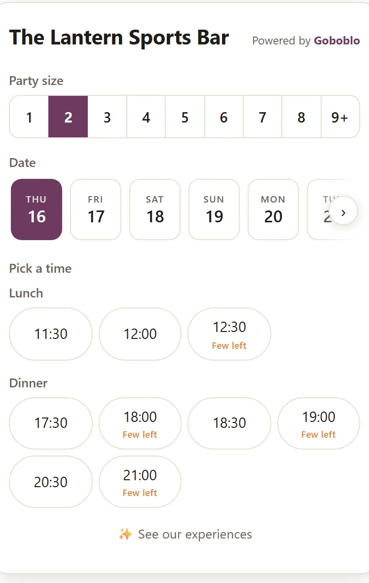 Goboblo's booking widget on the guest's phone: party size, date picker and open times for lunch and dinner with Few left marked on times that are filling up — the demo venue's real widget