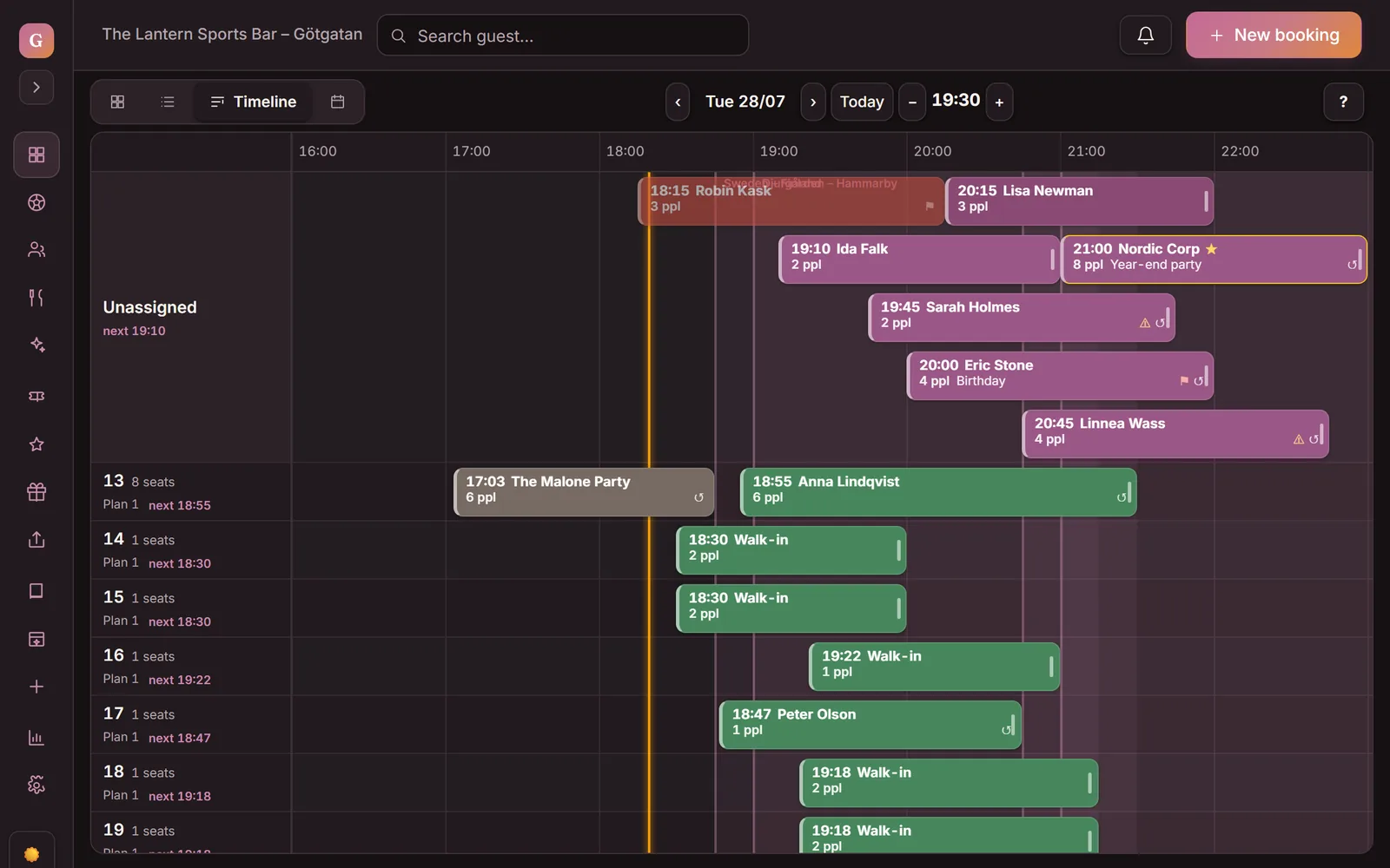 The timeline in Goboblo with tonight's seatings as blocks per table — walk-ins in green, upcoming bookings, and how long each table has been seated