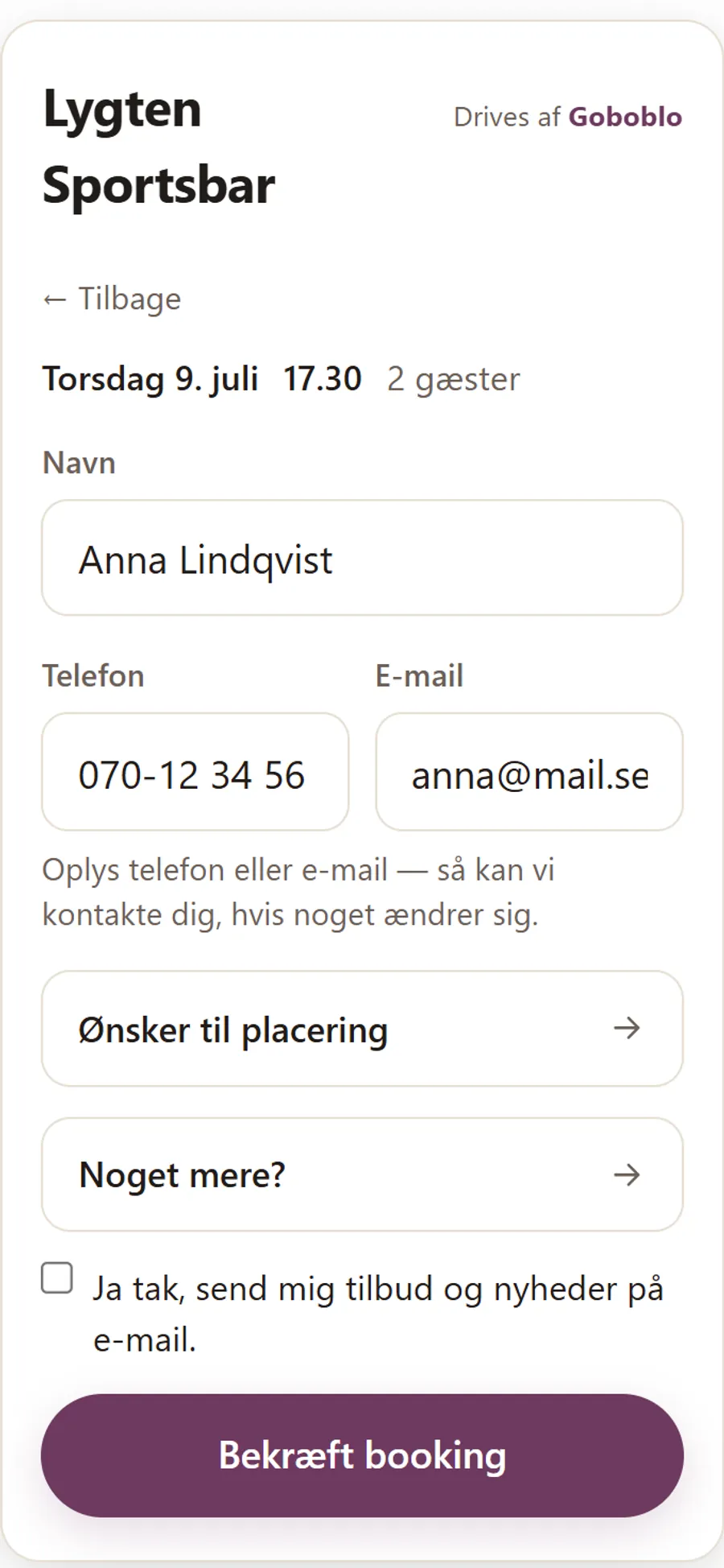 Gæsten udfylder navn, telefon og ønsker og bekræfter bestillingen på mobilen.