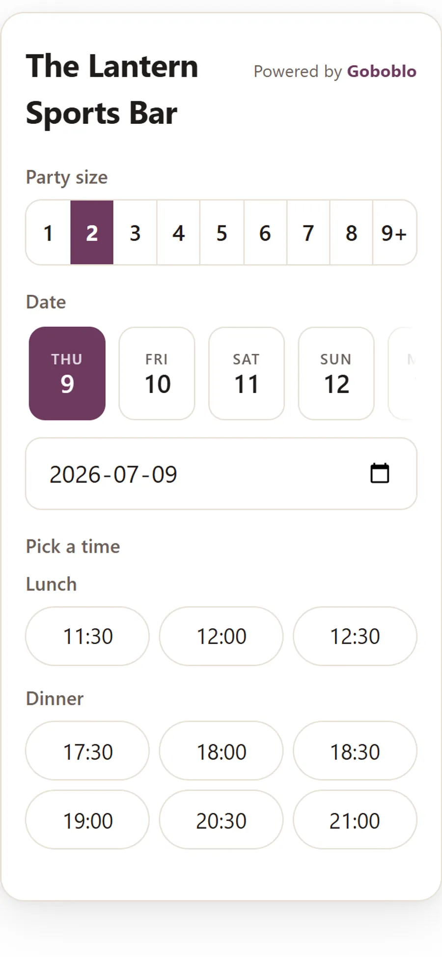 Booking on the guest's phone: pick party size, date and an open time at the restaurant