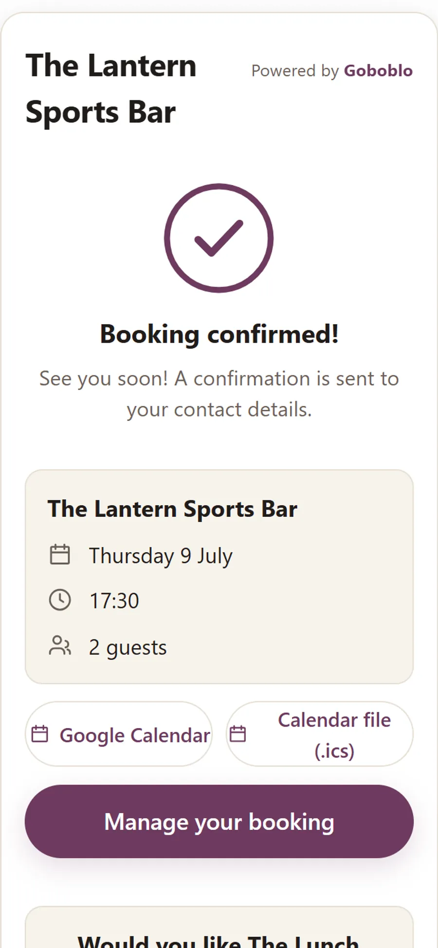Confirmed booking on the guest's phone with the details and a button to add the visit to the calendar