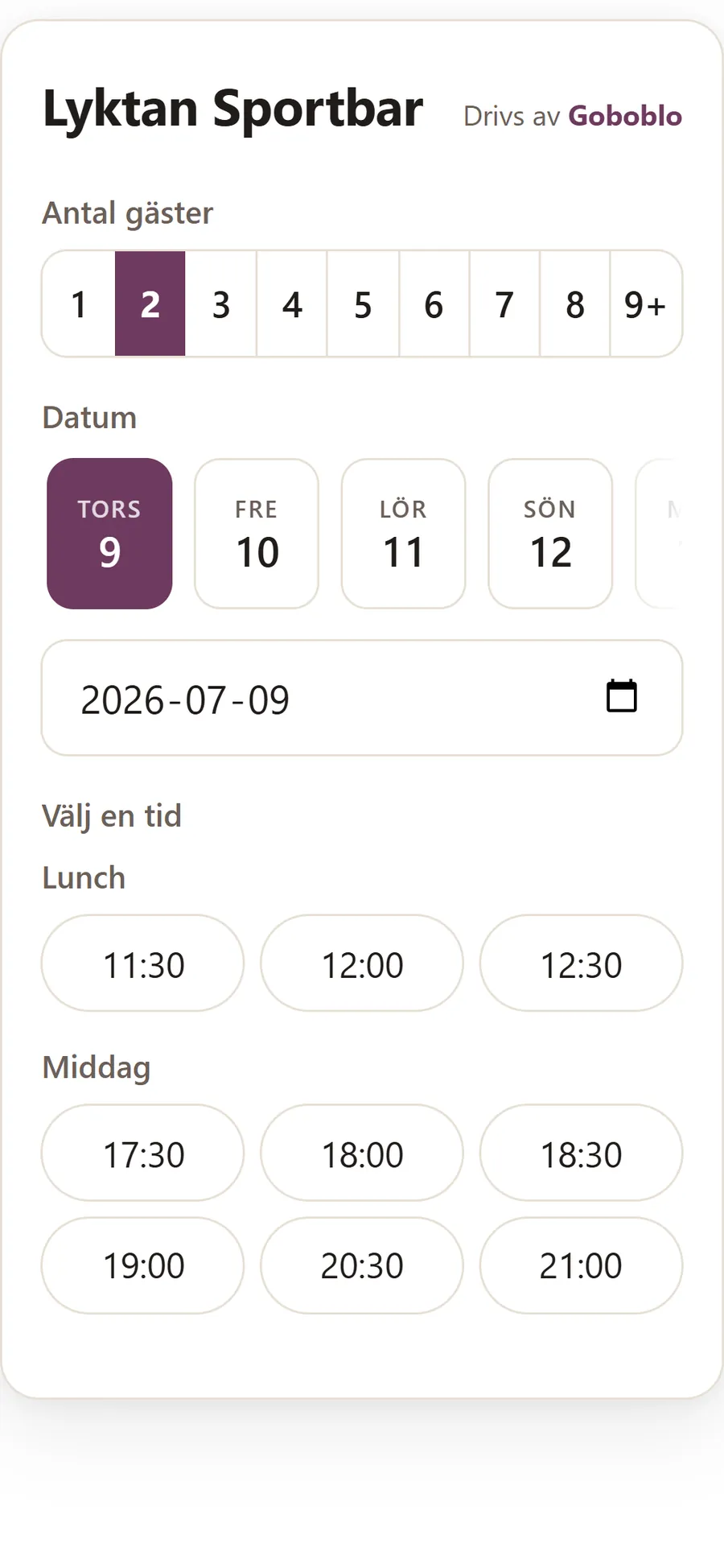 Gästens bokning i mobilen: välj antal gäster, datum och en ledig tid hos restaurangen