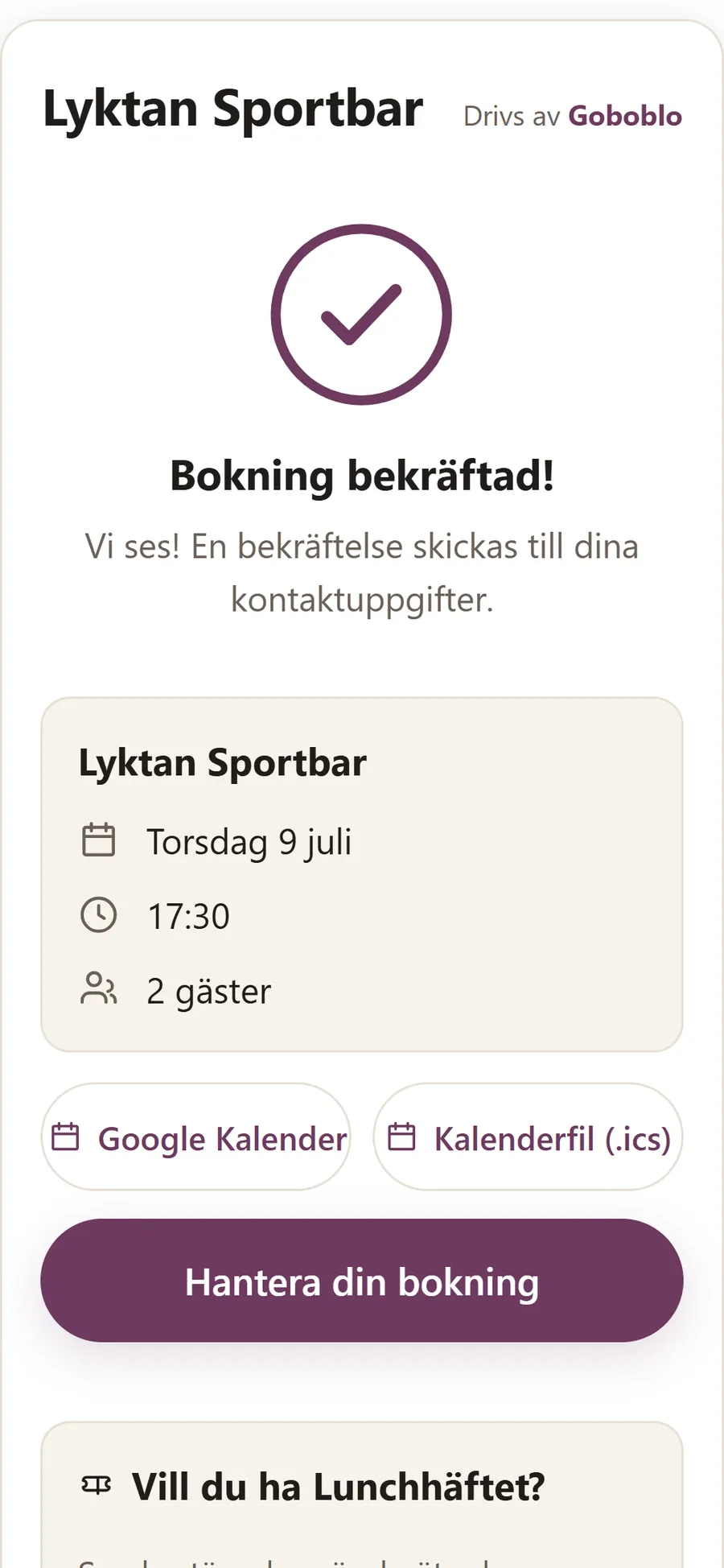 Bekräftad bokning i gästens mobil med kvitto och knapp för att lägga besöket i kalendern