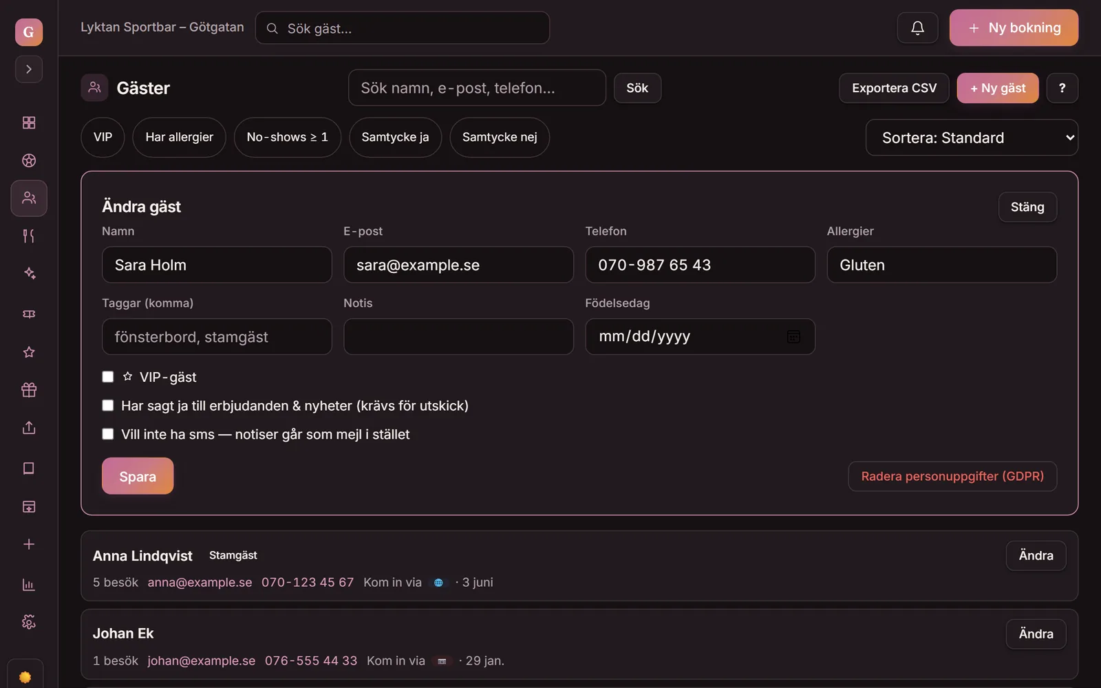 Gästprofilen i Goboblo: namn, kontakt, allergier som Gluten, taggar som fönsterbord och stamgäst, samtycken för utskick och sms — och GDPR-radering av personuppgifter