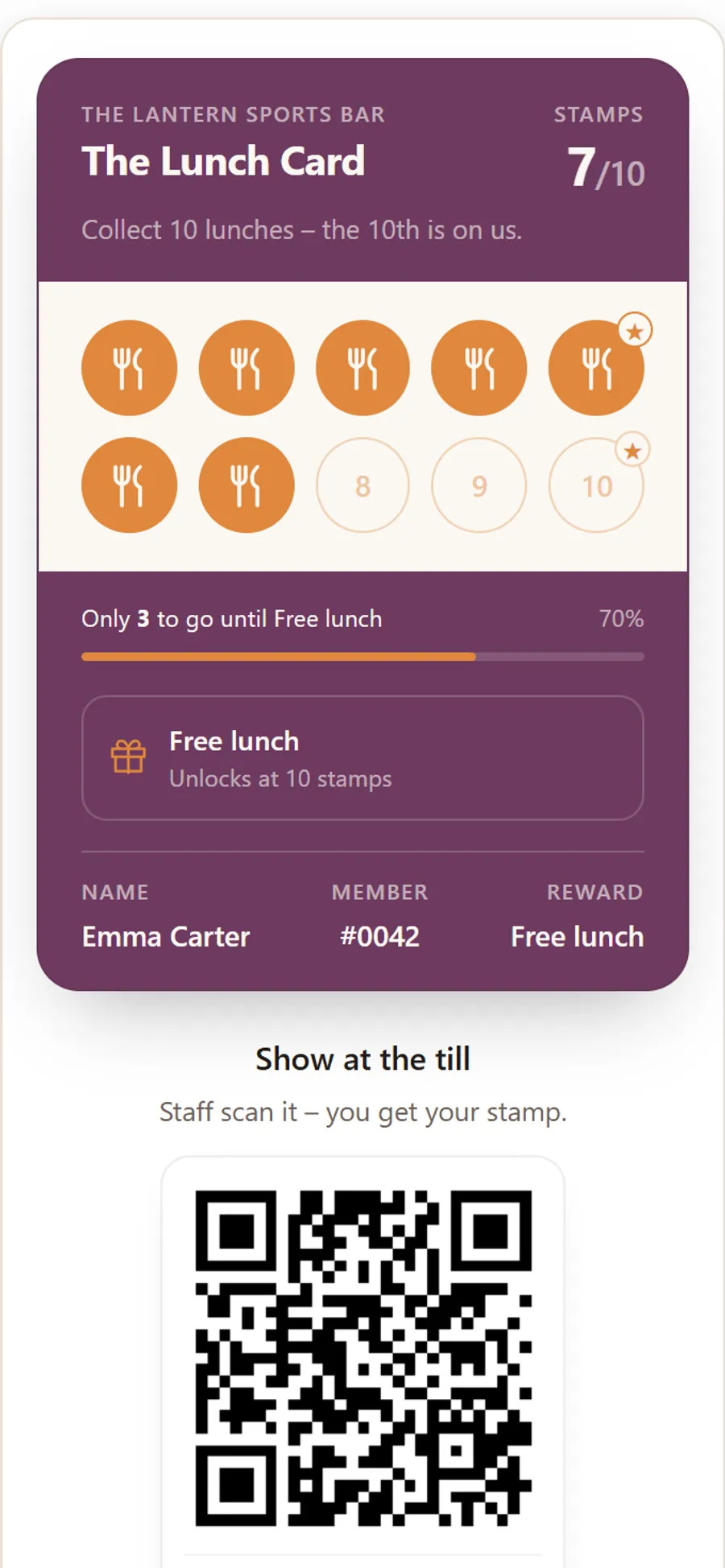 Digital stamp card in the guest's phone: seven of ten stamps collected, three left to a free lunch, and a QR code to show at the till