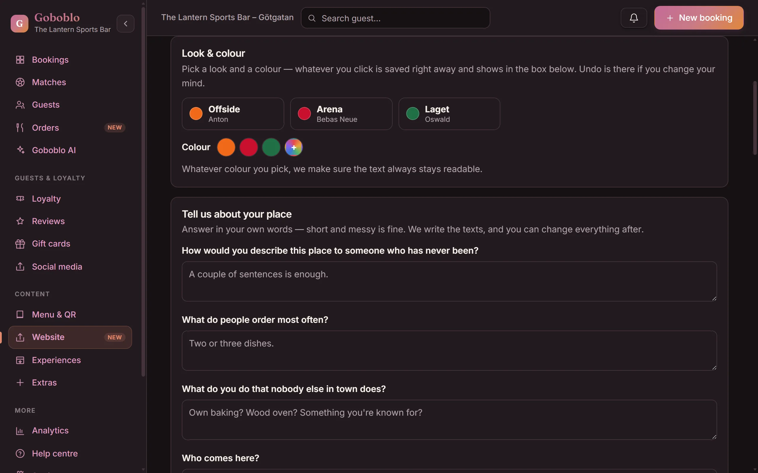 The Website page in the Goboblo app: the look picker with three looks and colour choices, and the Tell us about your place questions the AI writes the texts from