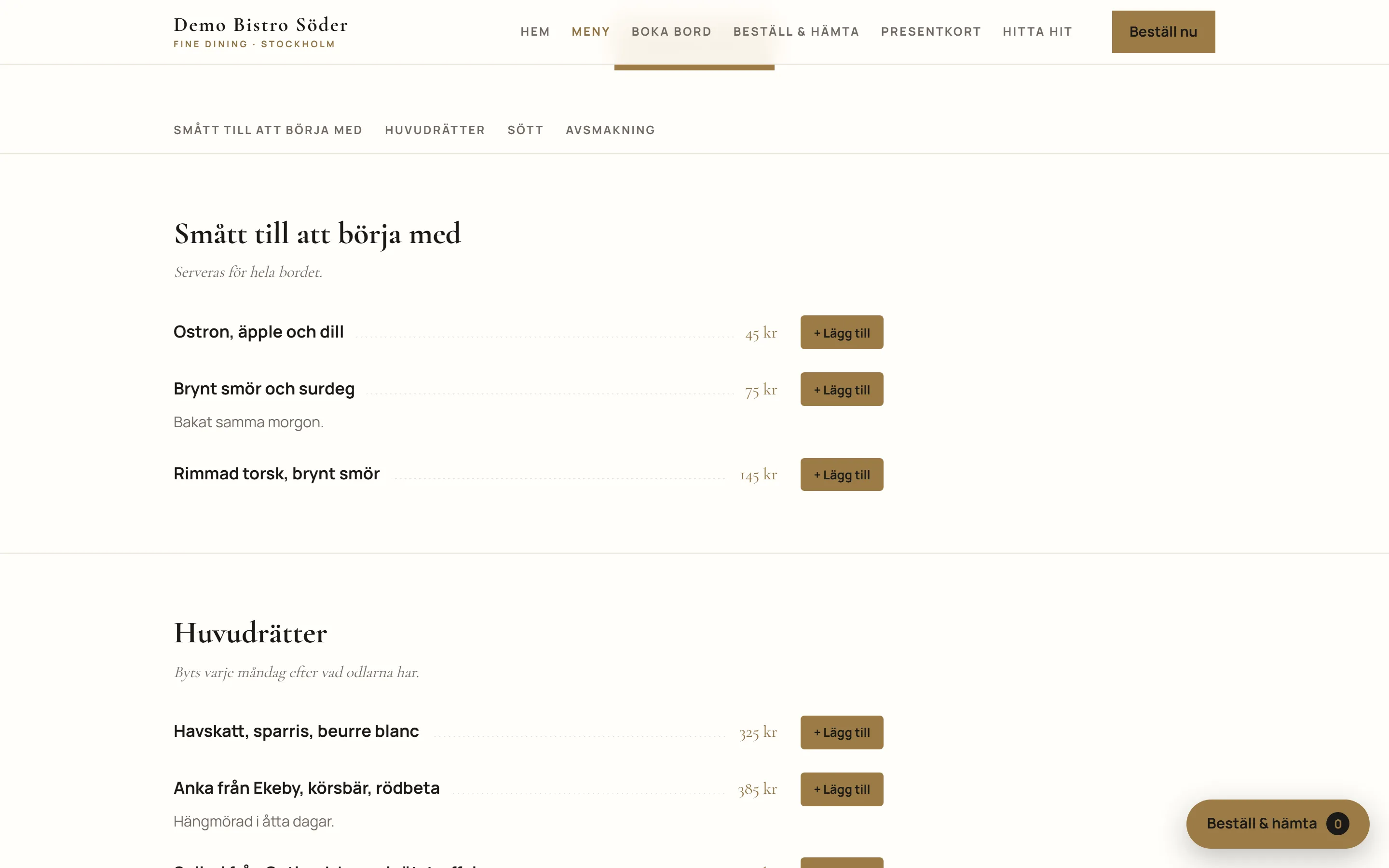 Menysidan på en Goboblo-byggd restaurangsajt: kategorier med hoppnavigering, rätter med priser och Lägg till-knappar för Beställ & hämta