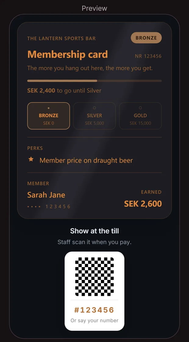 The preview in Goboblo's membership card designer: Bronze, Silver and Gold tiers with spend thresholds, the member's earned amount and the QR code shown at the till