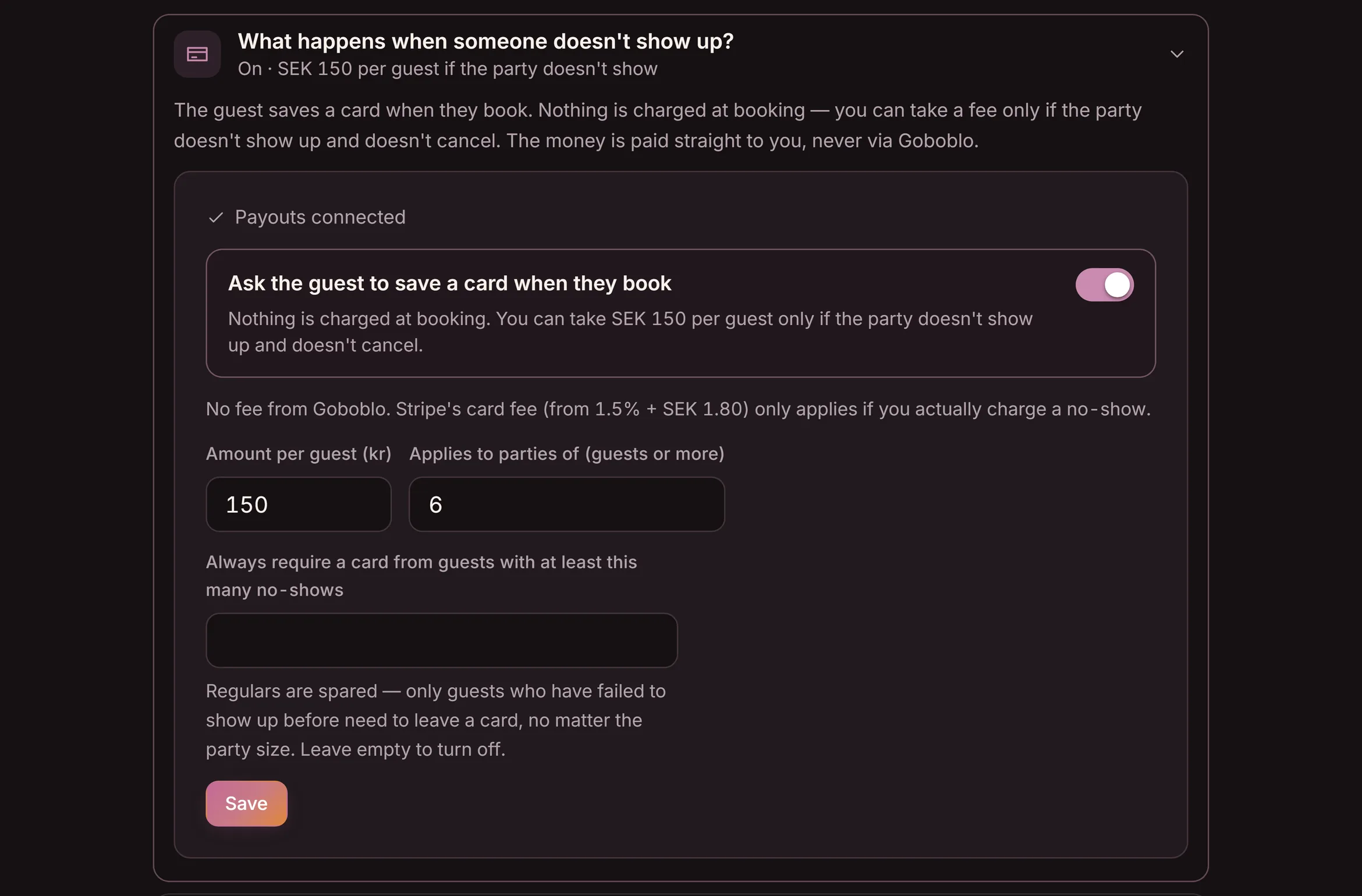 The question “What happens when someone doesn't show up?” in Goboblo's settings: ask the guest to save a card when booking, nothing charged at booking, a per-guest fee only if the party no-shows without cancelling, applies to parties from a size you choose, and always require a card from guests with prior no-shows — the demo venue's real view in dark mode