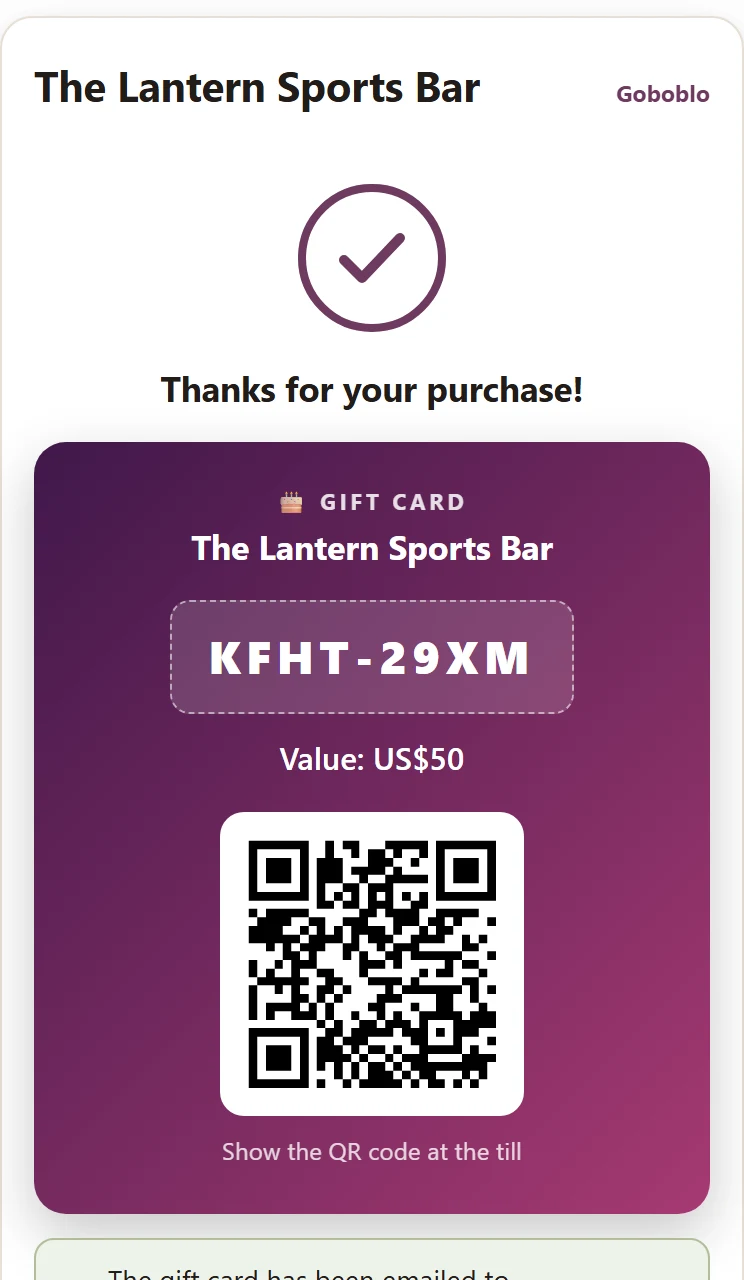 The guest's gift card on their phone right after the purchase: the birthday-themed card with the code KFHT-29XM, the value US$50 and the QR code to show at the till — the demo venue's real view