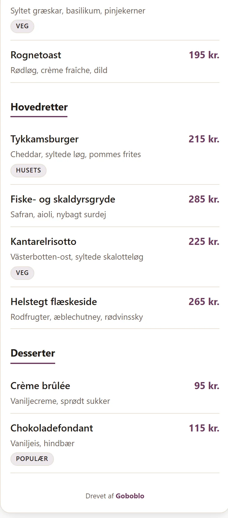 Retter i QR-menuen på gæstens telefon med kostmærkning som Veg direkte på retten, sammen med beskrivelse og pris.