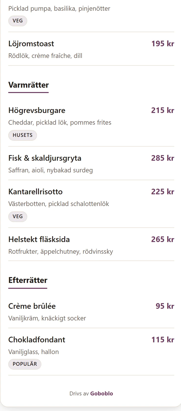 Rätter i QR-menyn i gästens mobil med kostmärkning som Veg direkt på rätten, tillsammans med beskrivning och pris.
