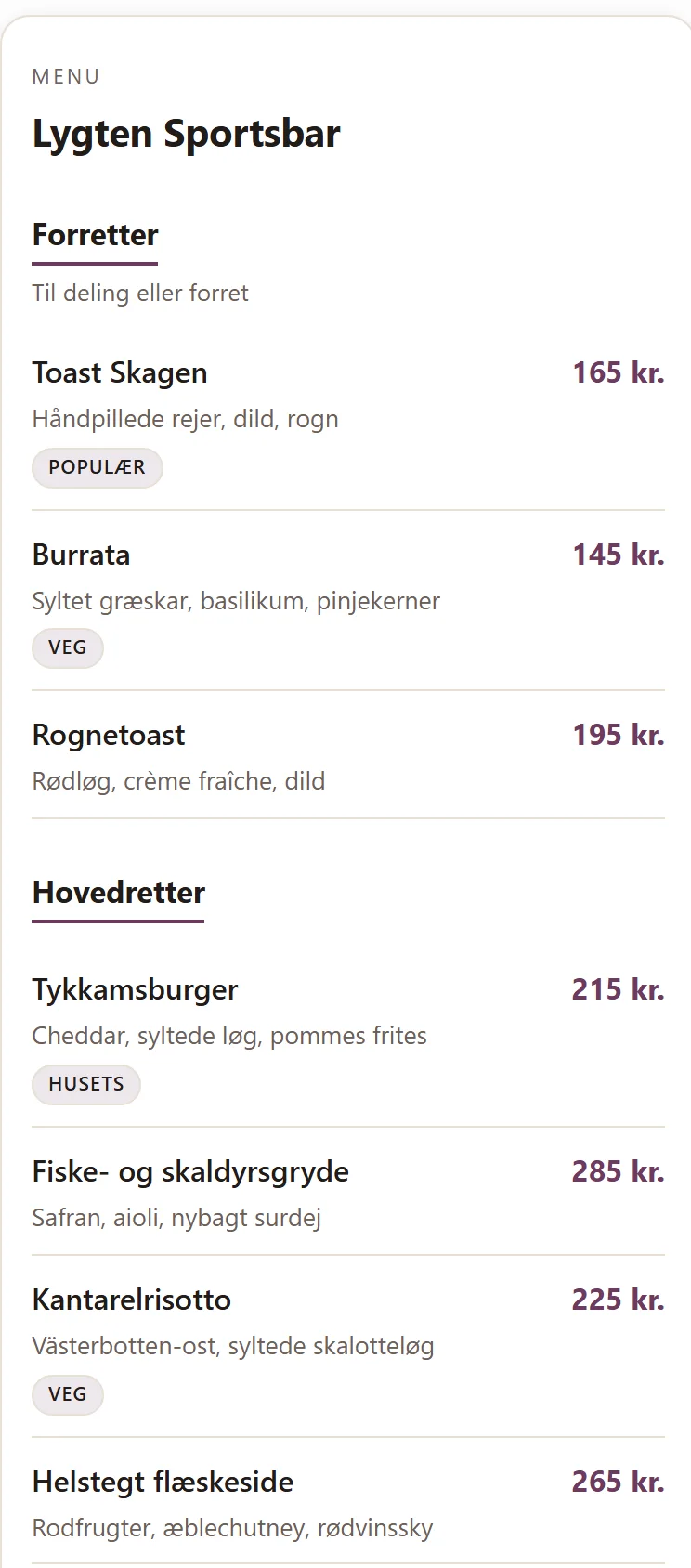 QR-menuen på gæstens telefon hos Lygten Sportsbar: forretter og hovedretter med beskrivelser, priser og mærker som Populær og Veg.