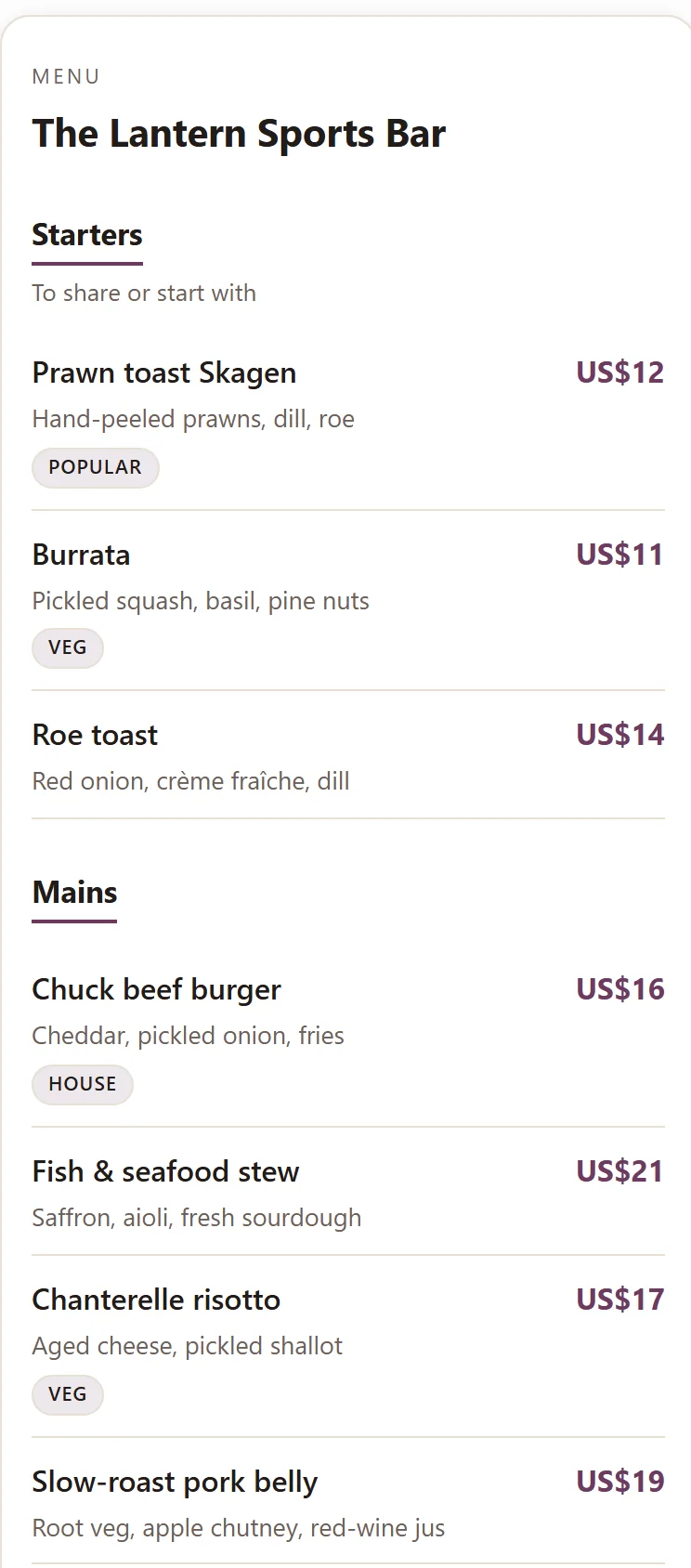 The QR menu on the guest's phone at The Lantern Sports Bar: starters and mains with descriptions, prices and tags like Popular and Veg.