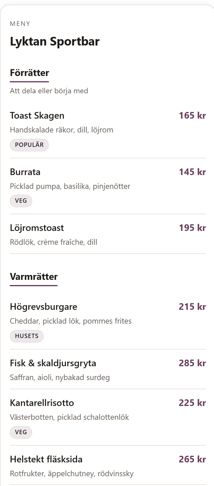 QR-menyn i gästens mobil hos Lyktan Sportbar: förrätter och varmrätter med beskrivningar, priser och märkningar som Populär och Veg.