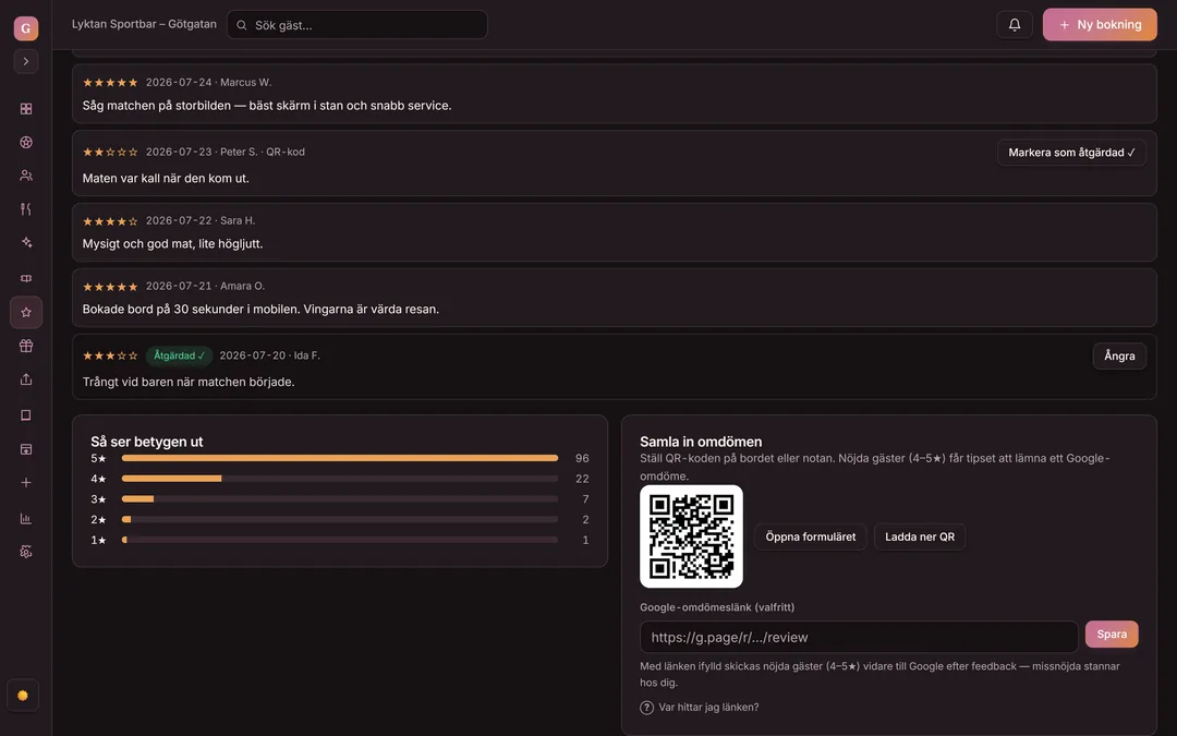 Recensioner i Goboblo: gästernas omdömen med betyg och kommentar, rutan Så ser betygen ut med 96 femstjärniga av 128 omdömen, och Samla in omdömen med QR-koden till formuläret — demo-lokalens riktiga vy i mörkt läge