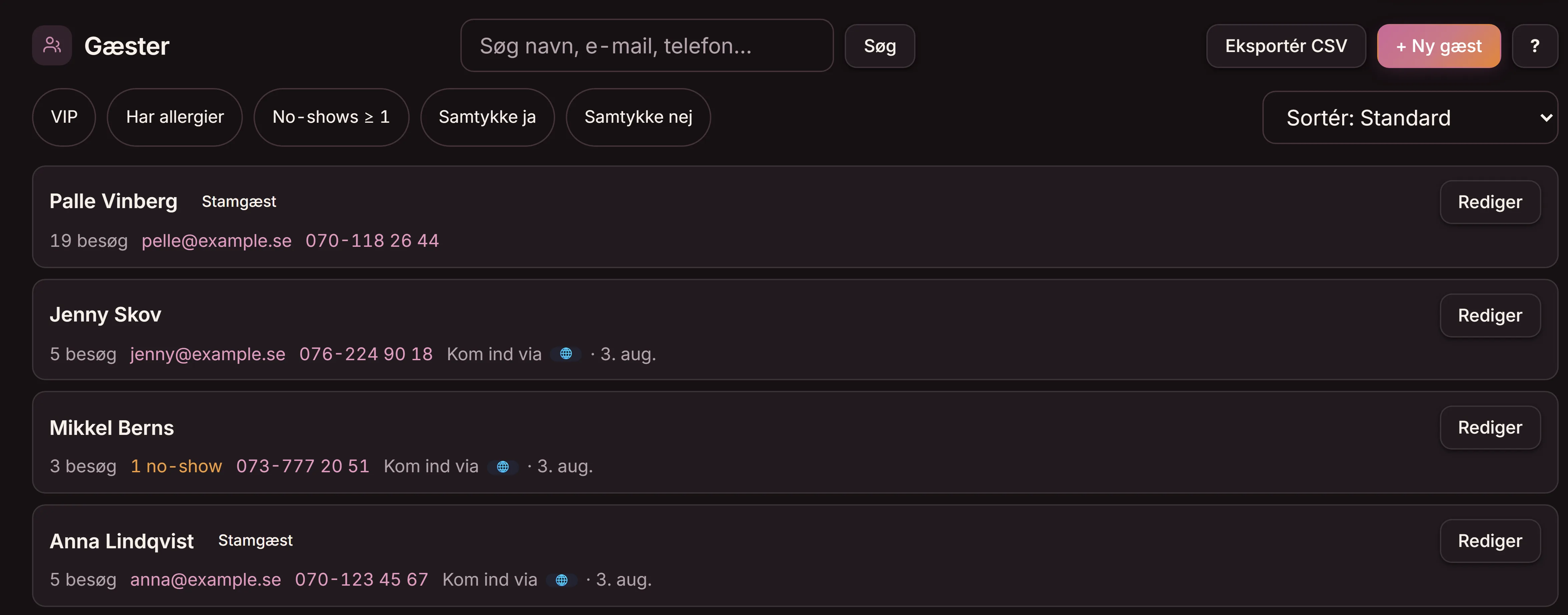 Gæstelisten i Goboblo-appen hos en bar, på dansk: gæsterne med mærkater som VIP og allergi, søgning og eksport