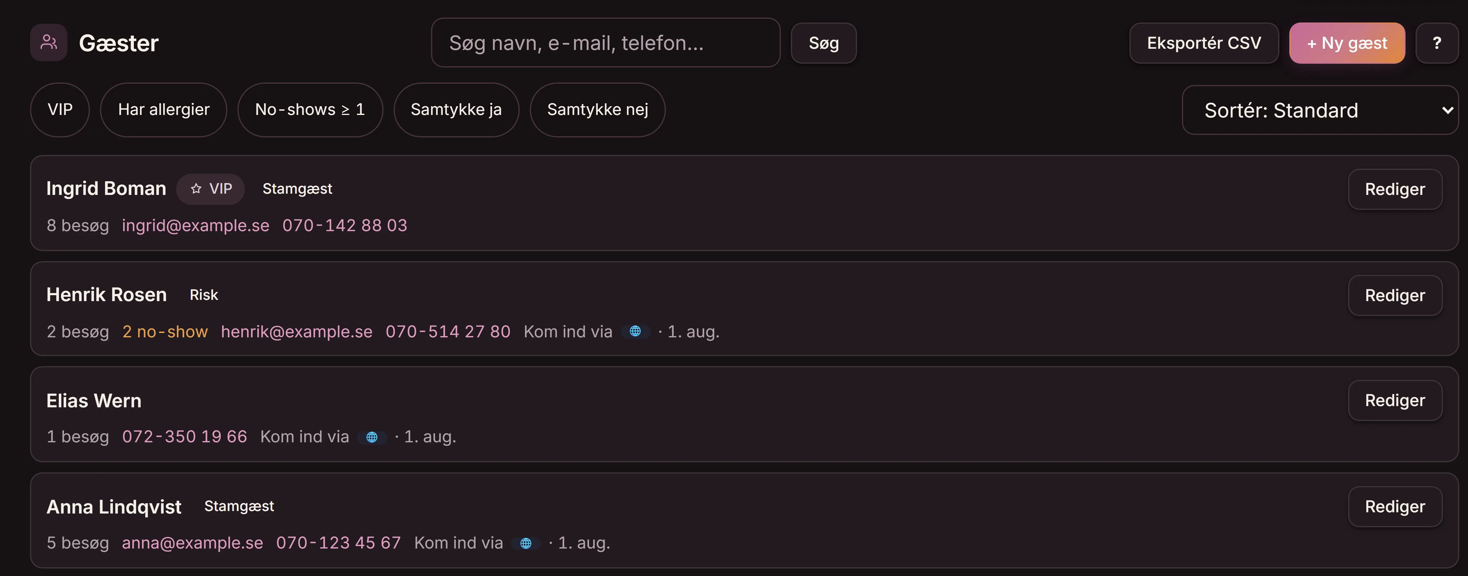Gæstelisten i Goboblo-appen hos en fine dining-restaurant, på dansk: gæsterne med mærkater som VIP og allergi, søgning og eksport, så køkkenet ser det, før gæsten kommer