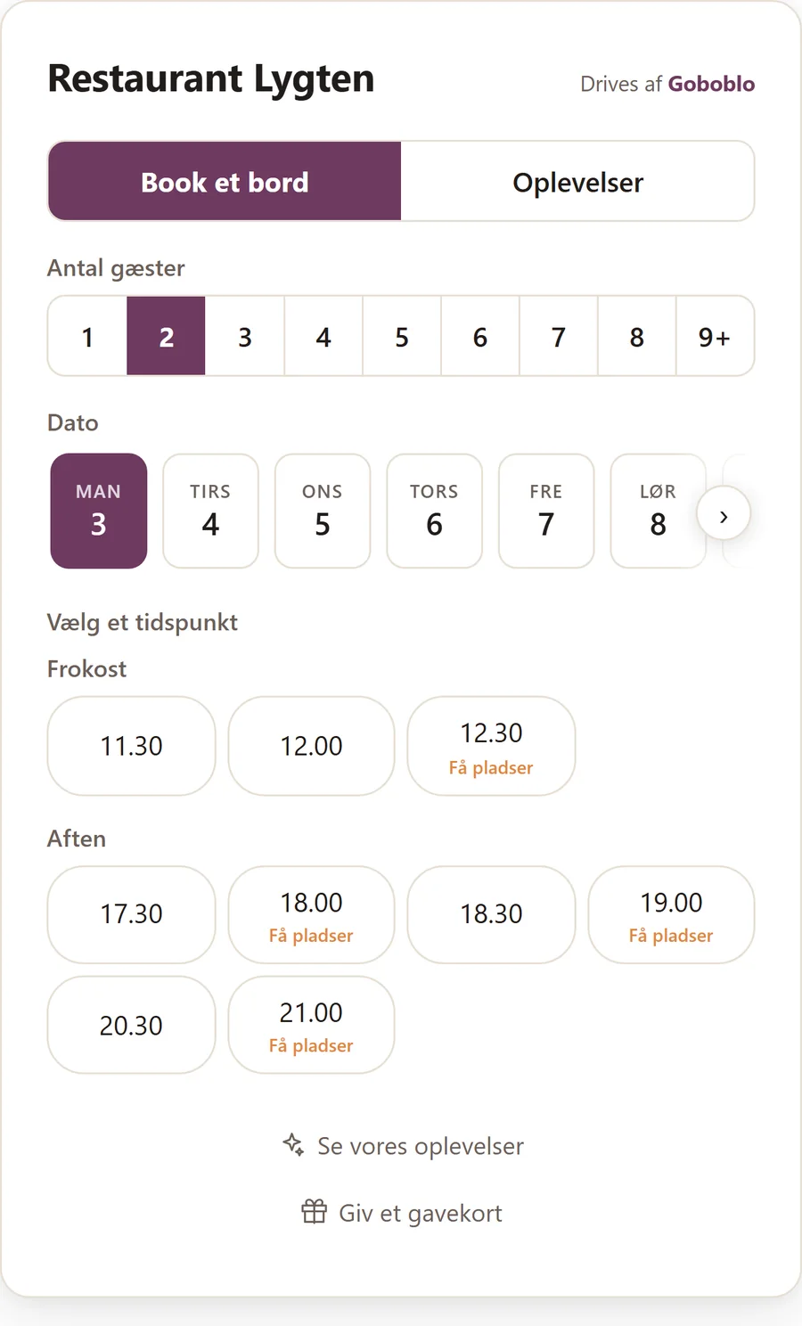 Bookingen på mobilen hos Restaurant Lygten, på dansk: dato, antal gæster og ledige tider, med Book et bord-knappen