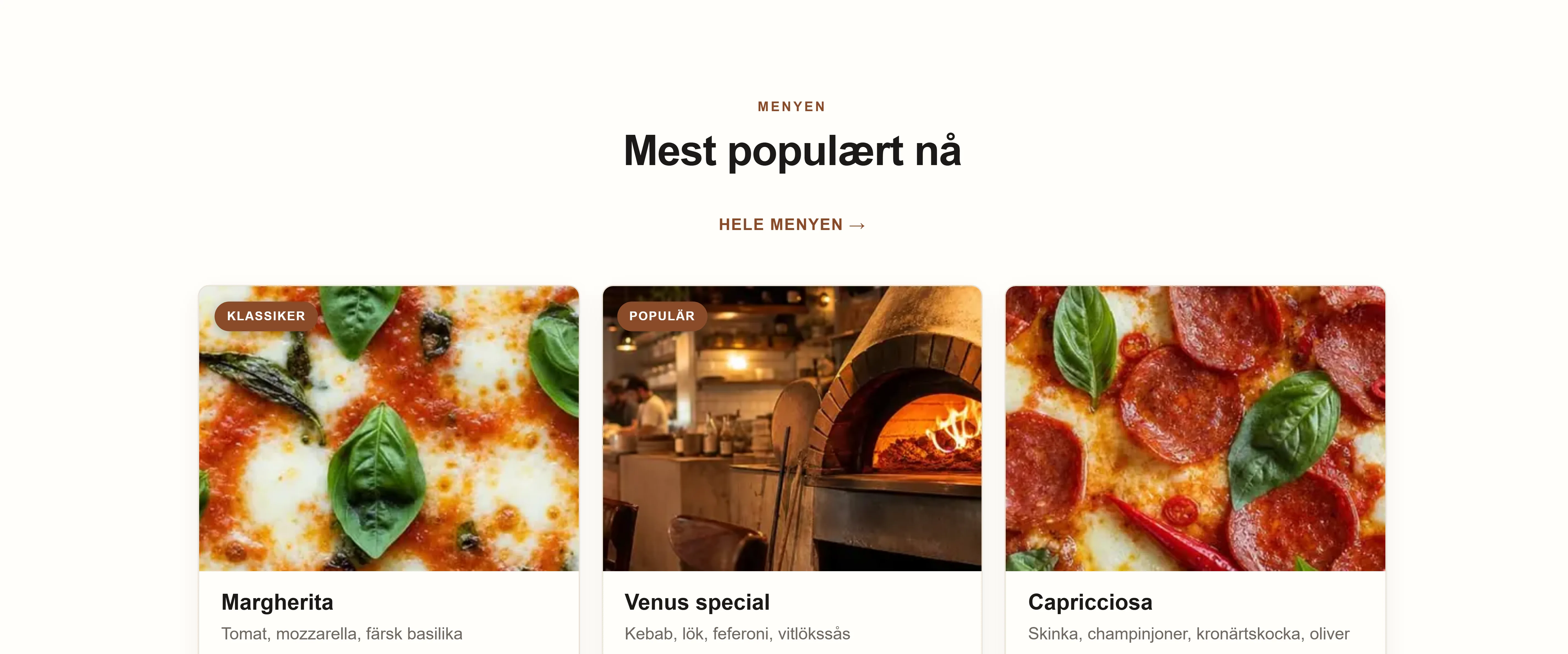 Menyen på foodtrucken Røkeriets side, på norsk: røkt bryst, pulled pork og røkt blomkål med bilder, priser og Legg til-knapper