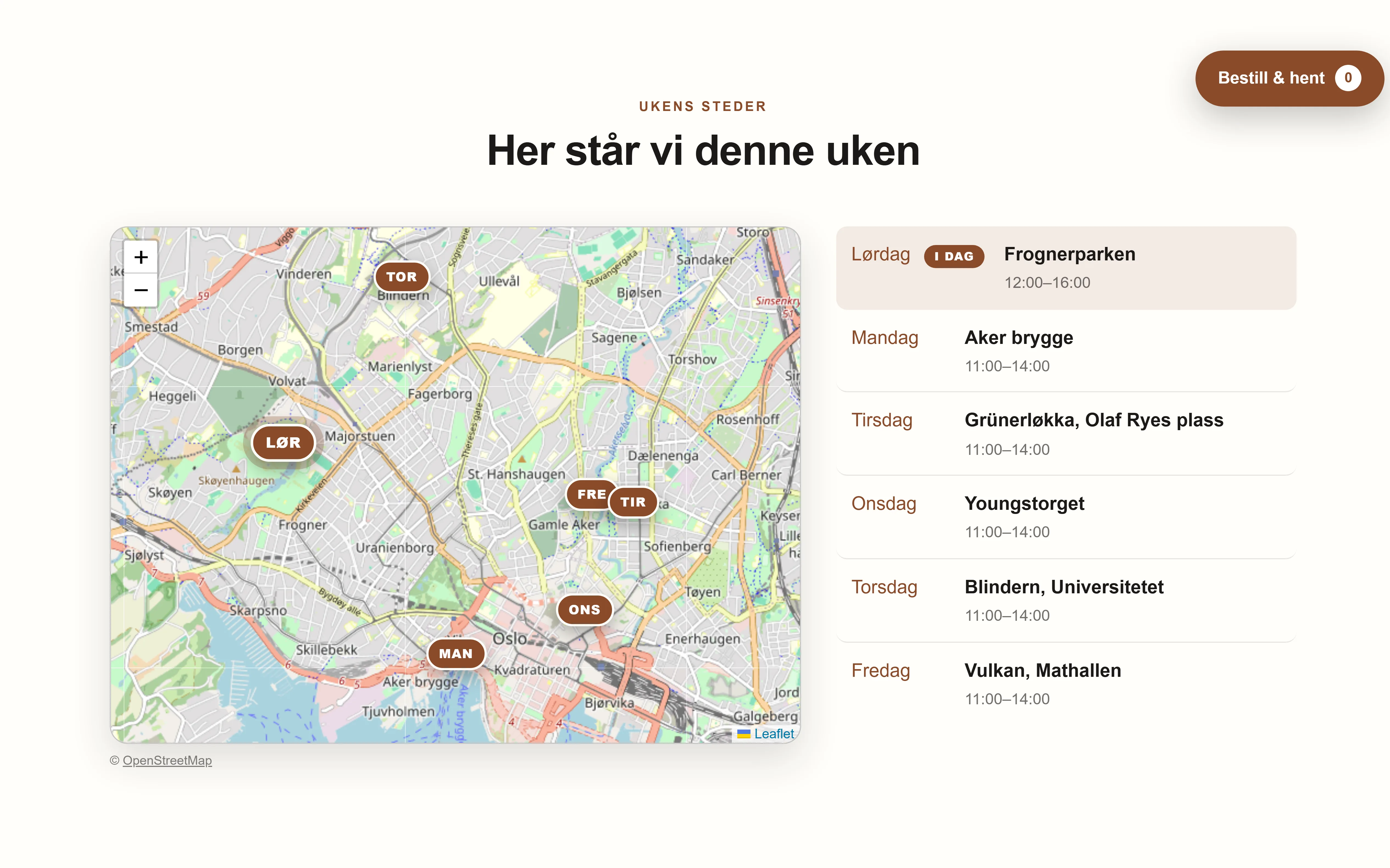 Ukens steder på foodtrucken Røkeriets side, på norsk: et kart over Oslo med én nål per dag — mandag Aker brygge, tirsdag Grünerløkka, onsdag Youngstorget, torsdag Blindern, fredag Vulkan — og listen ved siden av der lørdagens sted Frognerparken er merket I dag