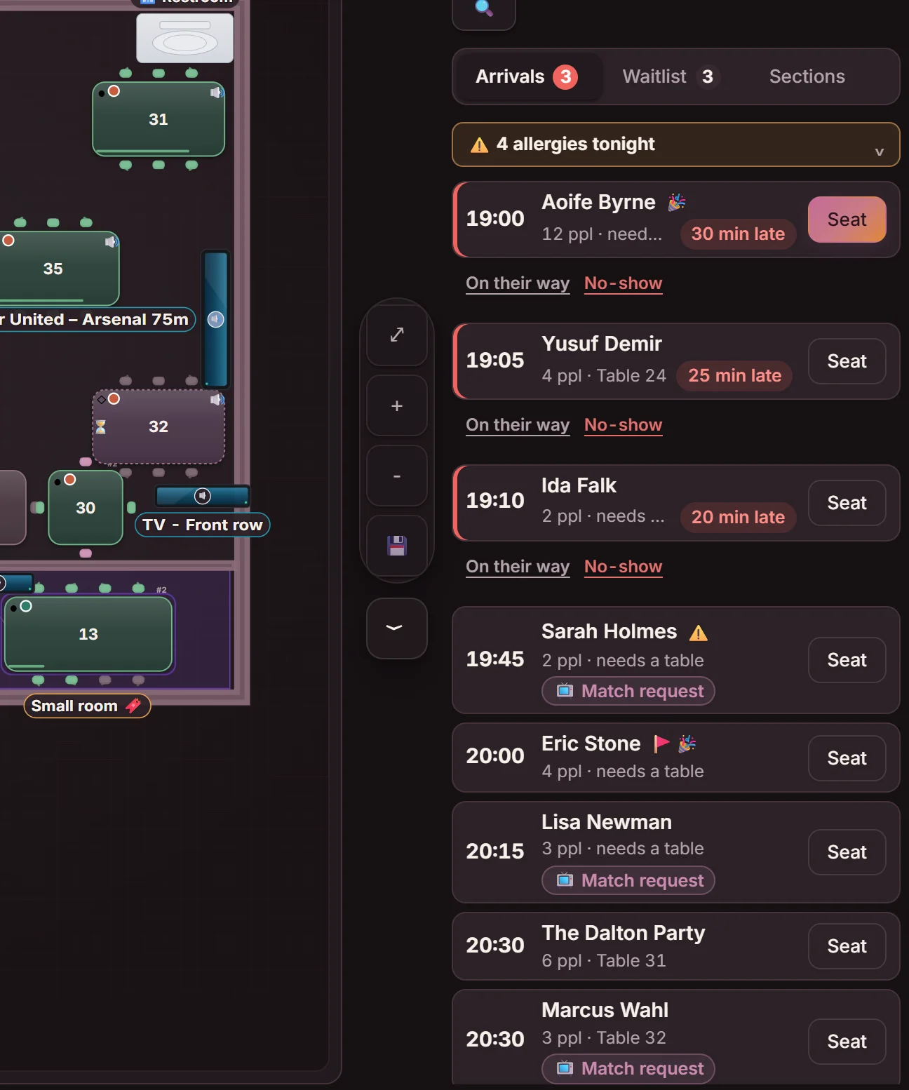 The floor plan on a game night with the arrivals list beside it: late parties with On their way and No-show, guests with a match request and tables to seat them at