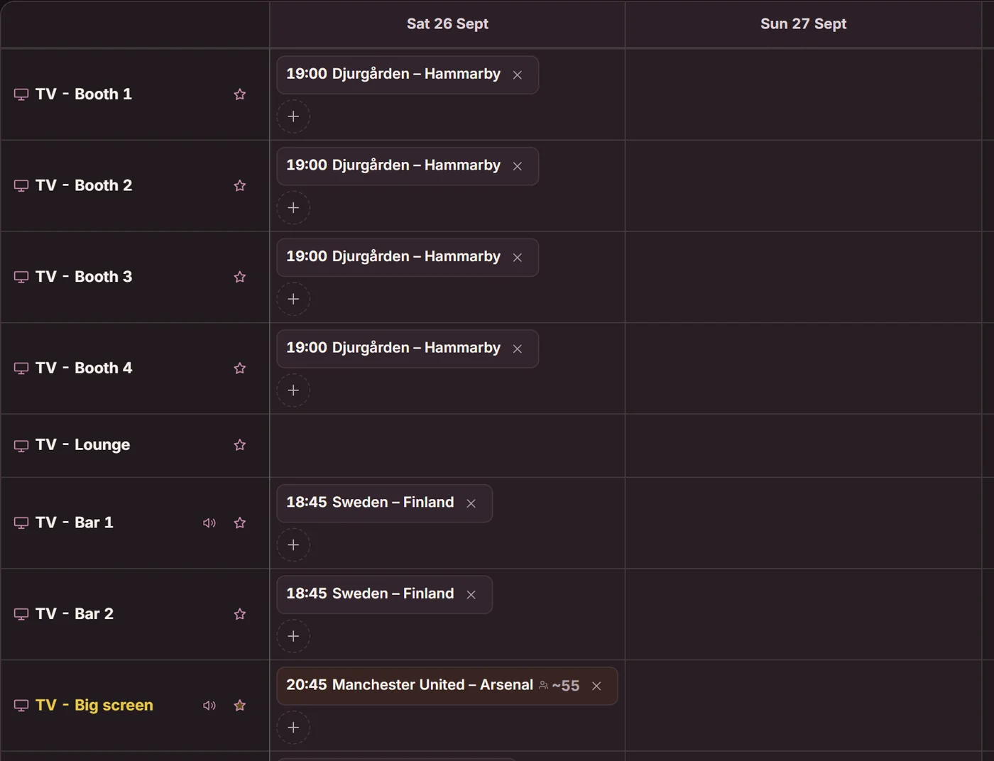 The Matches tab, Screens view: every TV has its own row with the night's games per day