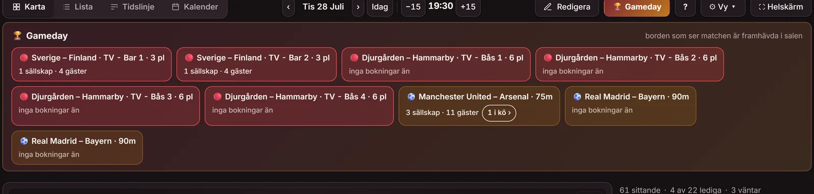 Gameday-panelen i bordskartan: en rad med kvällens matcher per skärm — liga och lag, avspark, TV-namn och antal bokade sällskap per match