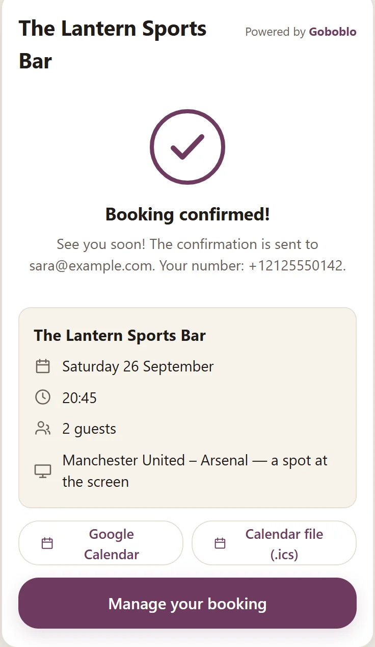 Step 3 in the widget: booking confirmed with date, kick-off, party size and Manchester United–Arsenal — a spot at the screen