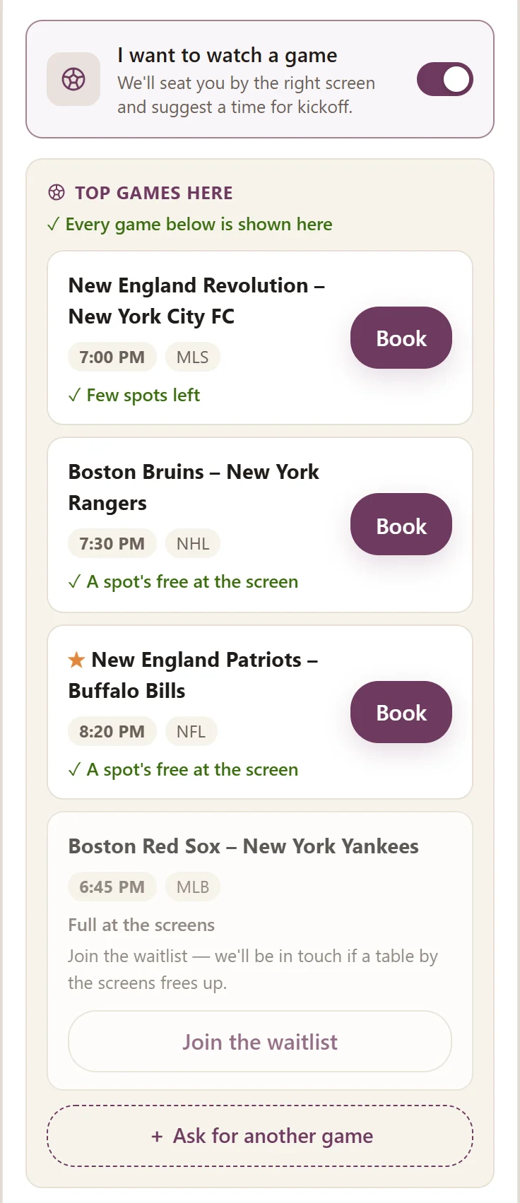 The reservation widget with I want to watch a game switched on: the top games here with Book buttons, and Join the waitlist where the screens are full (demo)