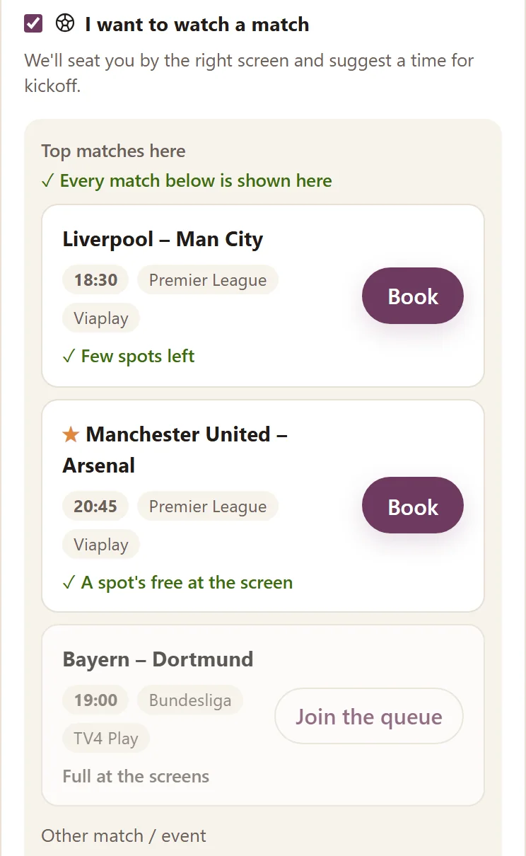 The guest's game choice in the booking widget: tonight's matches with kick-off and channel