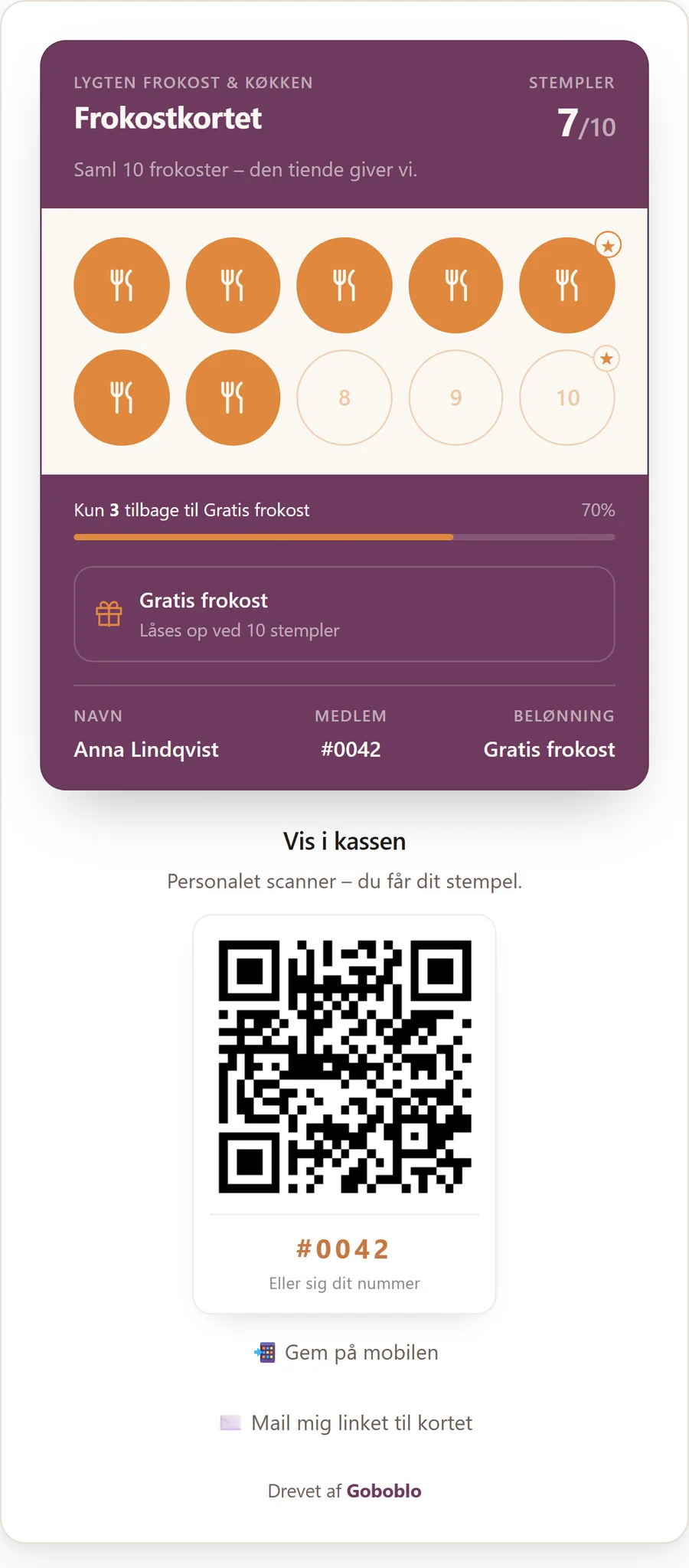 Frokostkortet på gæstens mobil hos Lygten Frokost & Køkken, på dansk: syv ud af ti stempler samlet og QR-koden gæsten viser i kassen