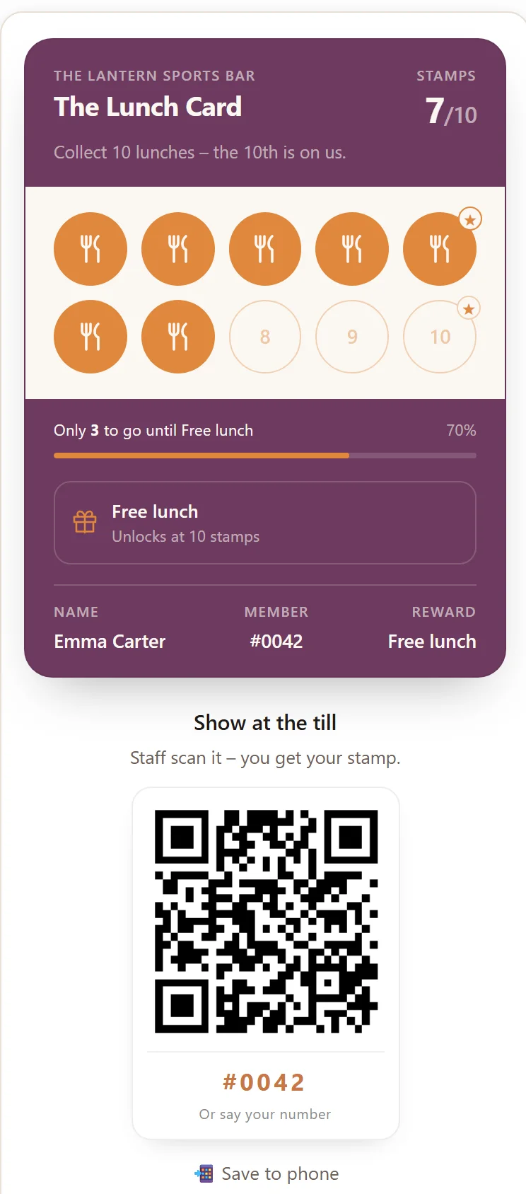 The lunch card on the guest's phone at The Lantern Sports Bar: seven of ten stamps collected — the tenth lunch is on the house