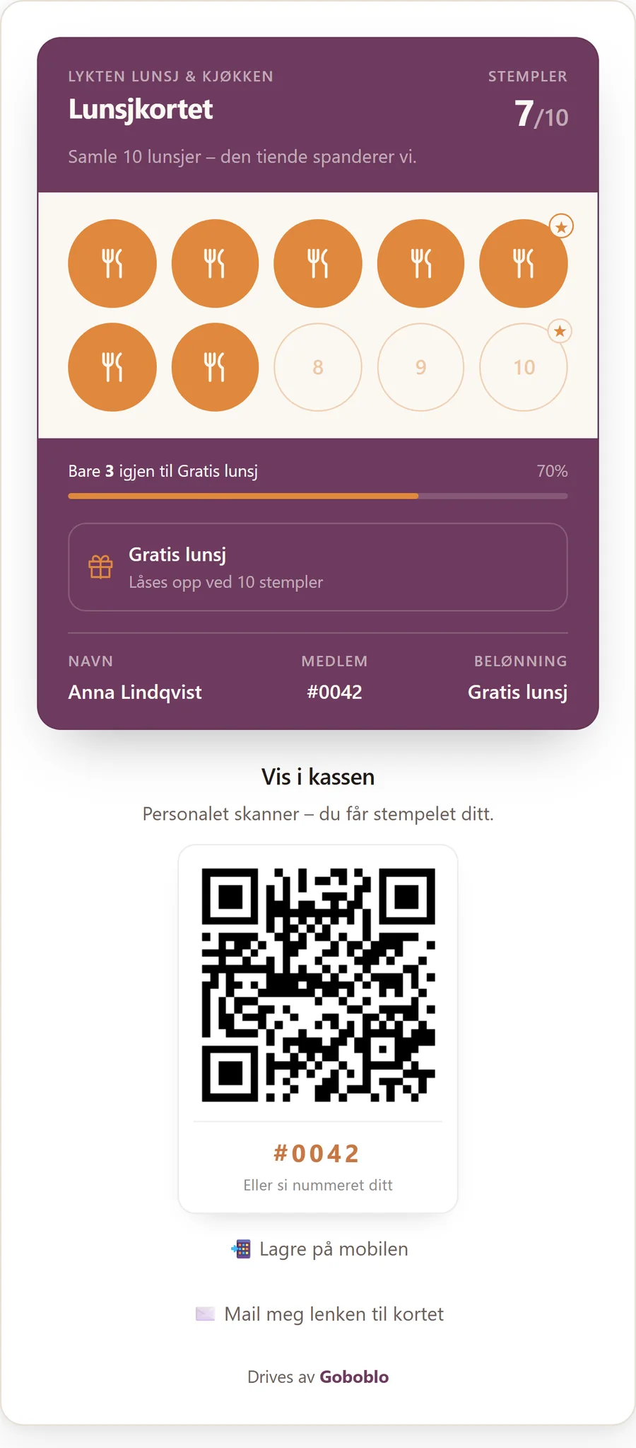 Lunsjkortet på gjestens mobil hos Lykten Lunsj & Kjøkken, på norsk: sju av ti stempler samlet og QR-koden gjesten viser i kassen