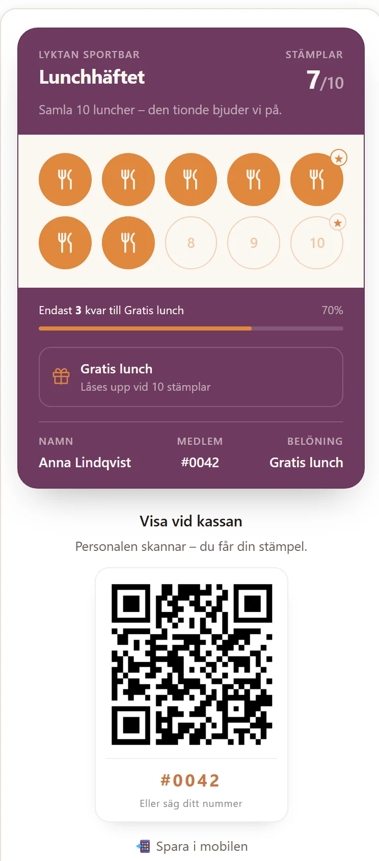 Lunchhäftet i gästens mobil hos Lyktan Sportbar: sju av tio stämplar samlade — den tionde lunchen bjuder restaurangen på