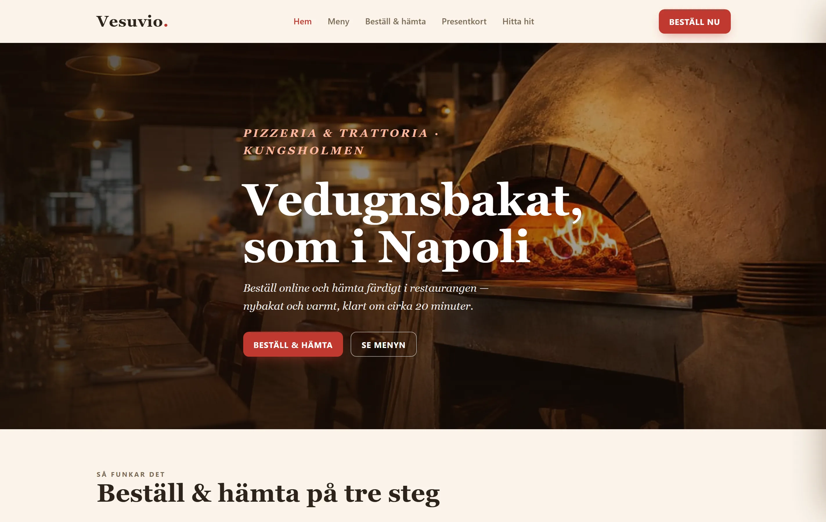 Pizzerian Vesuvios startsida, byggd av Goboblo: Vedugnsbakat som i Napoli, med Beställ nu-knapp och menyn ett klick bort