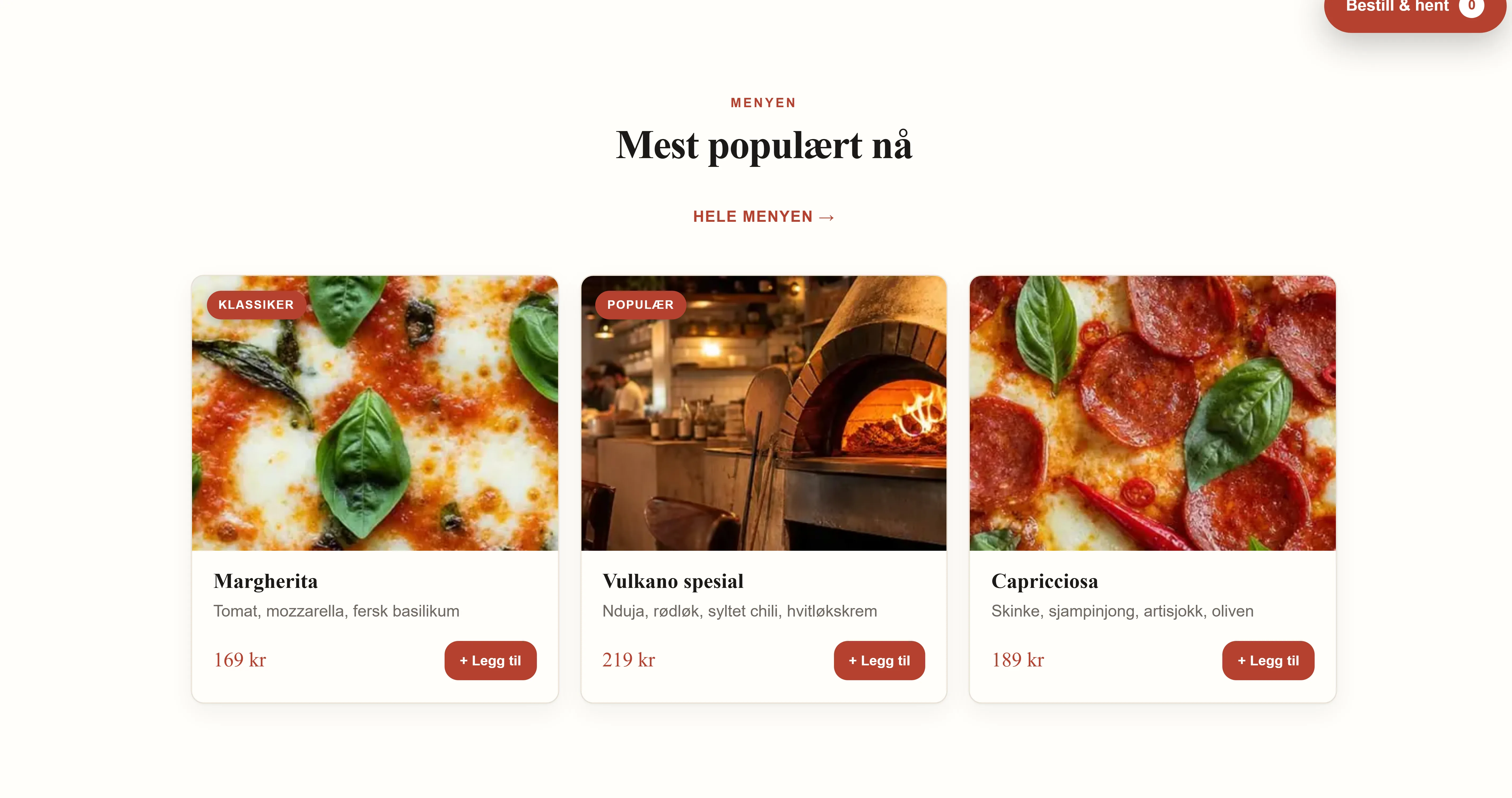 Menyen på pizzeriaen Vulkanos side, bygget av Goboblo, på norsk: Margherita 169 kr, Vulkano spesial 219 kr og Capricciosa 189 kr med bilder og Legg til-knapper