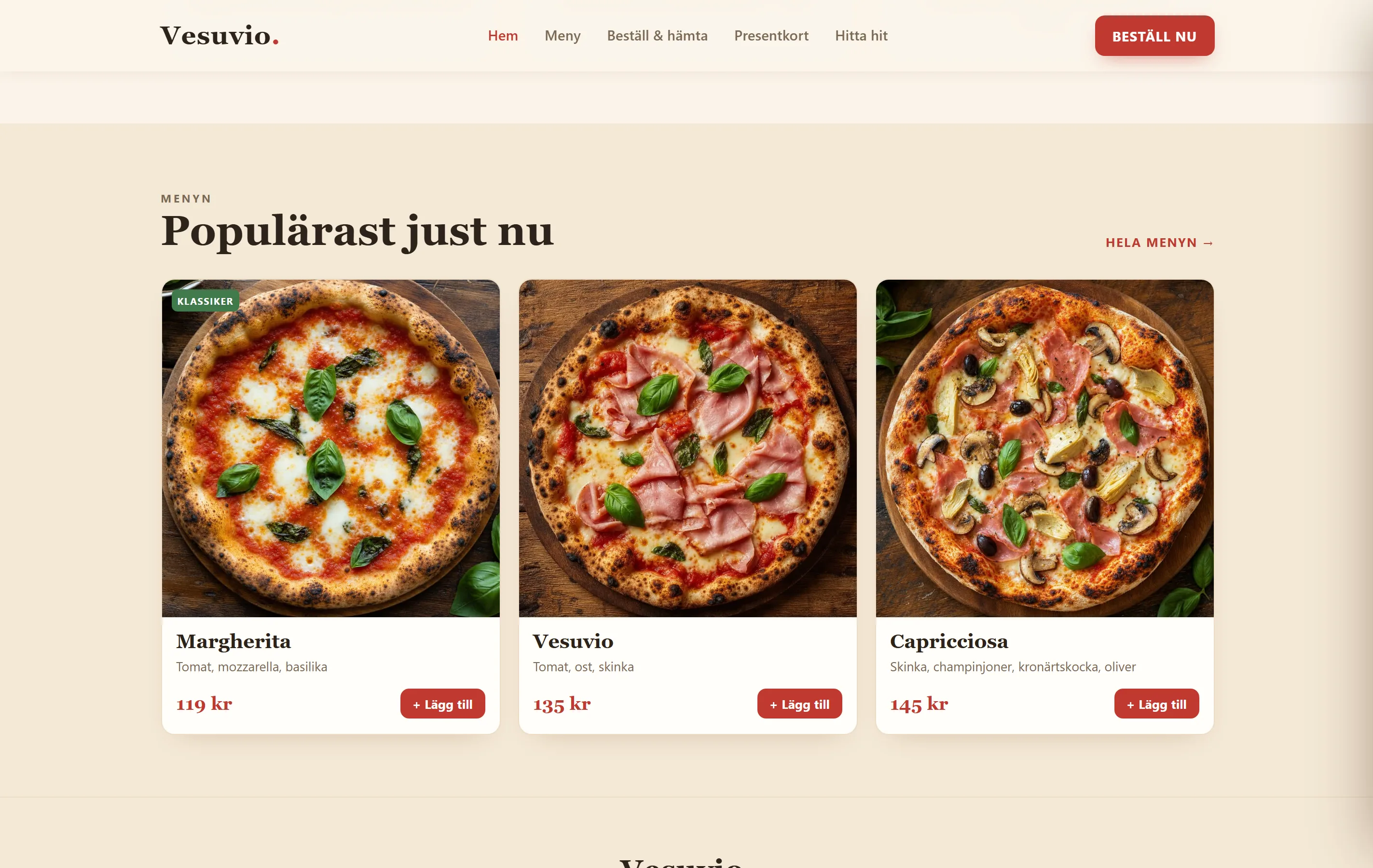 Menyn på pizzerian Vesuvios sajt, byggd av Goboblo: Margherita 119 kr, Vesuvio 135 kr och Capricciosa 145 kr med bilder och Lägg till-knappar